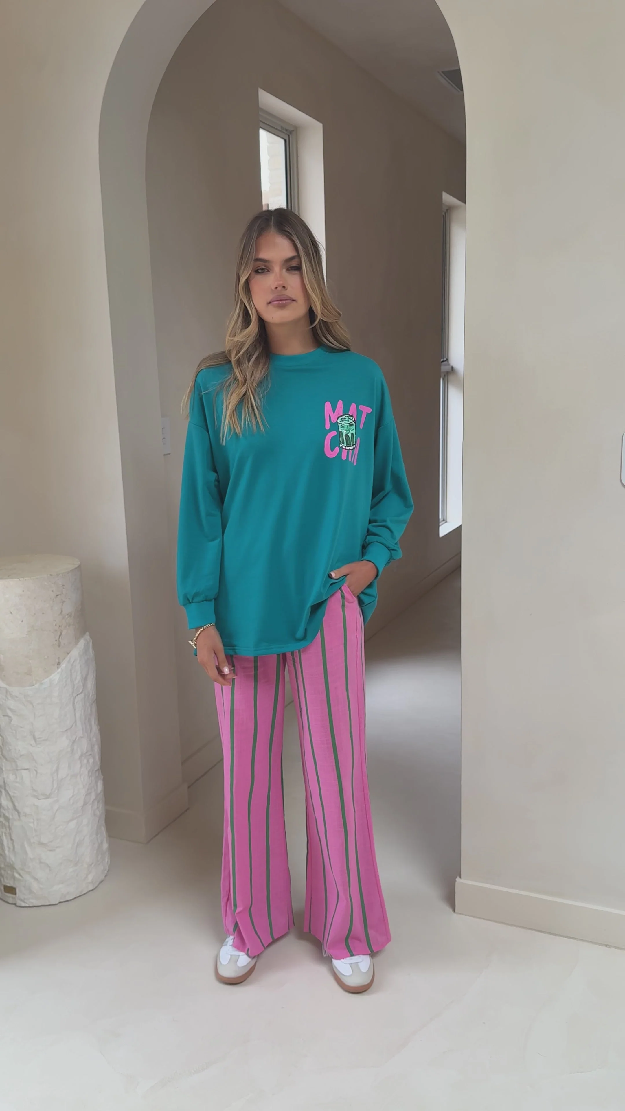 Matcha Long Sleeve Top and Pants Set - Teal / Pink