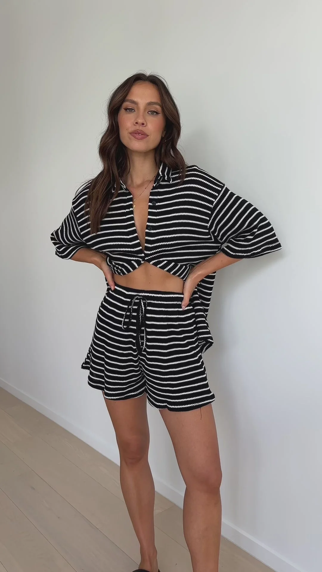 Lacole Button Up Shirt and Shorts Set - Black / White Stripe