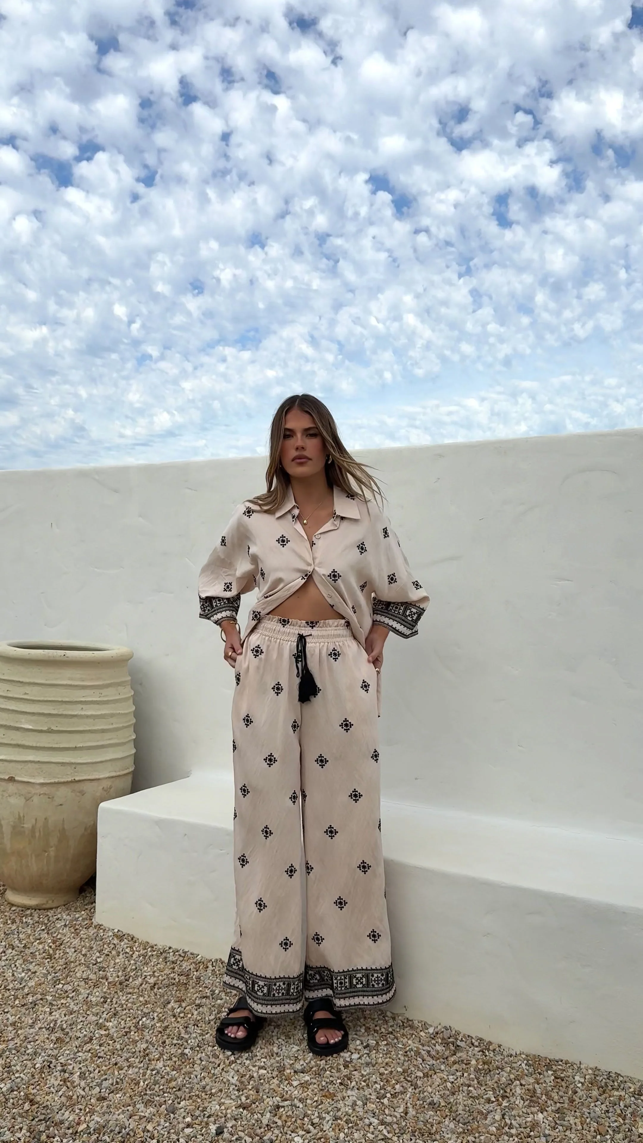 Deni Button Up Shirt - Beige/Black