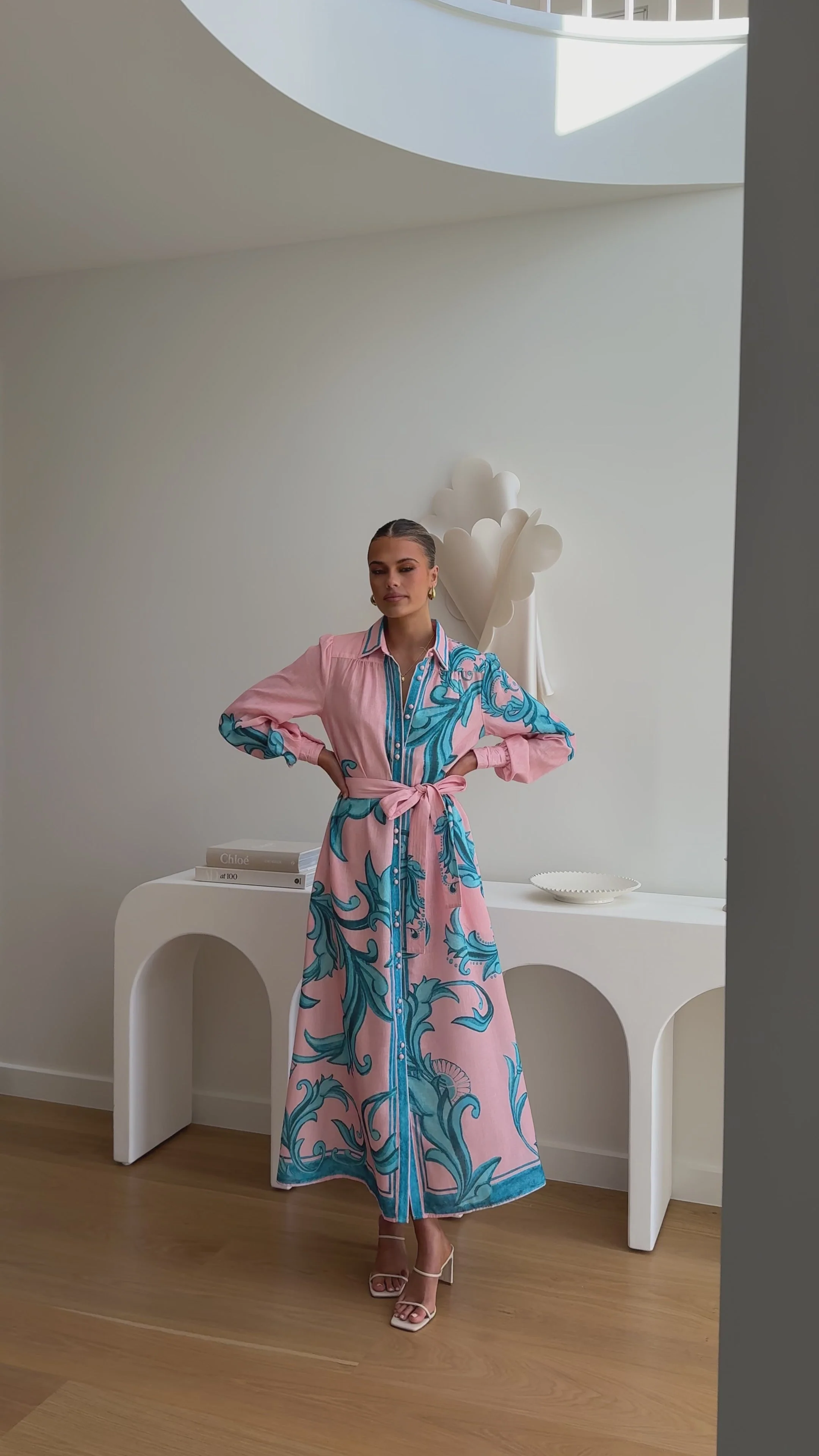 Lucia Long Sleeve Maxi Dress - Aqua/Pink Print