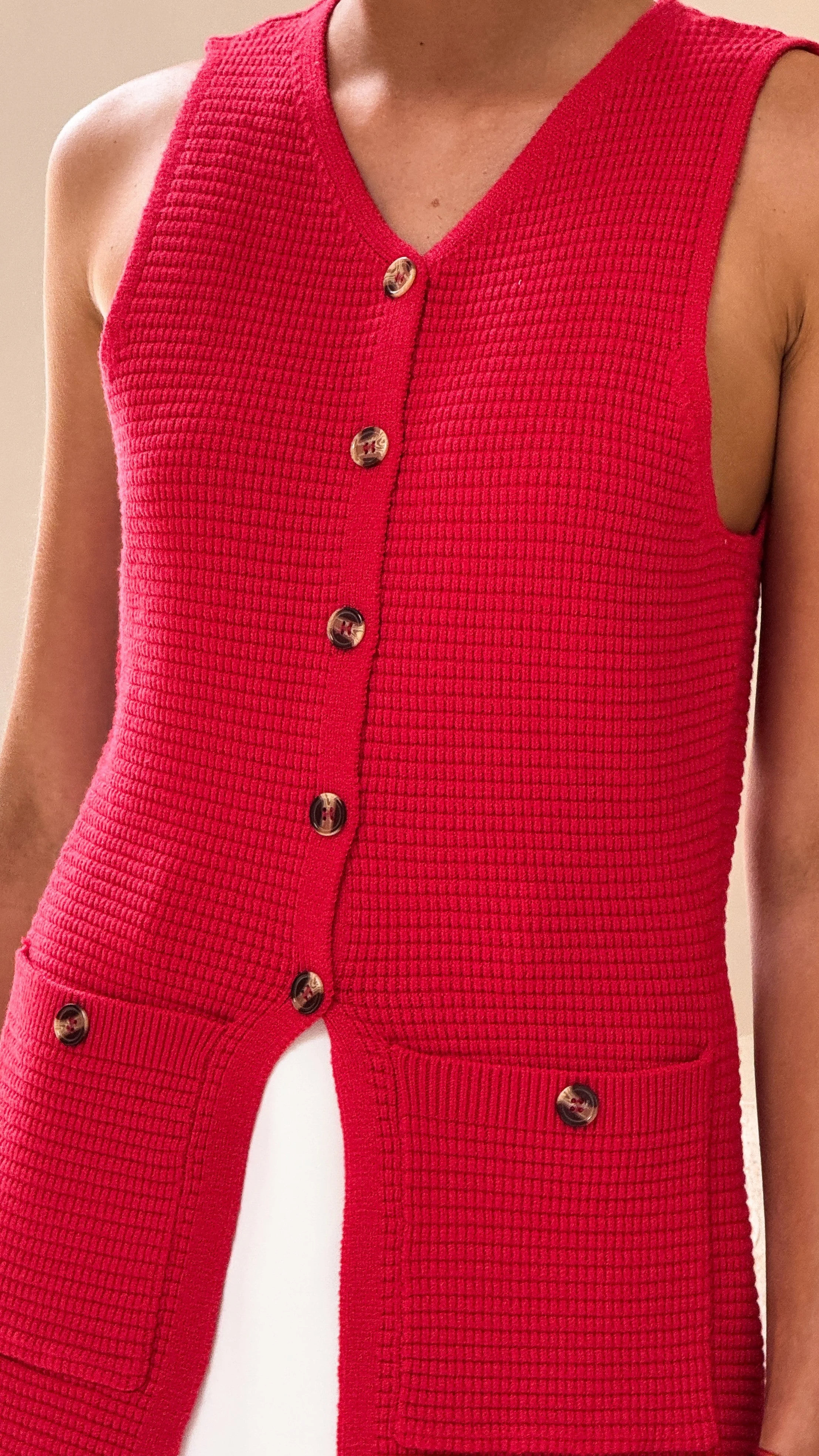 Inari Knit Button Up Vest - Red