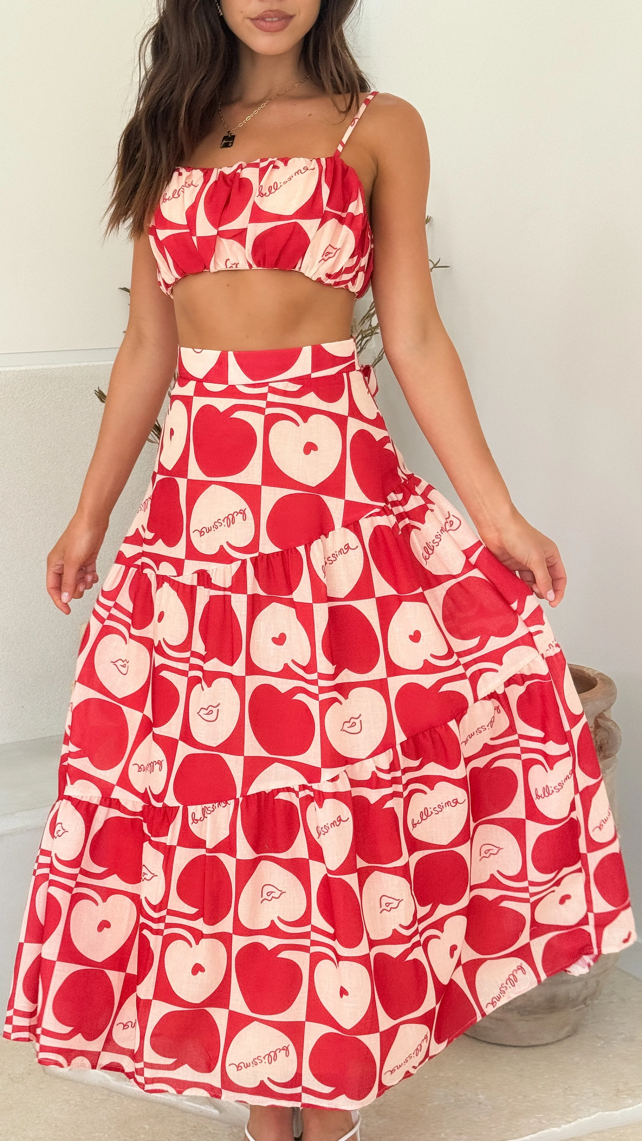 Saraya Top and Skirt Set - Red / White