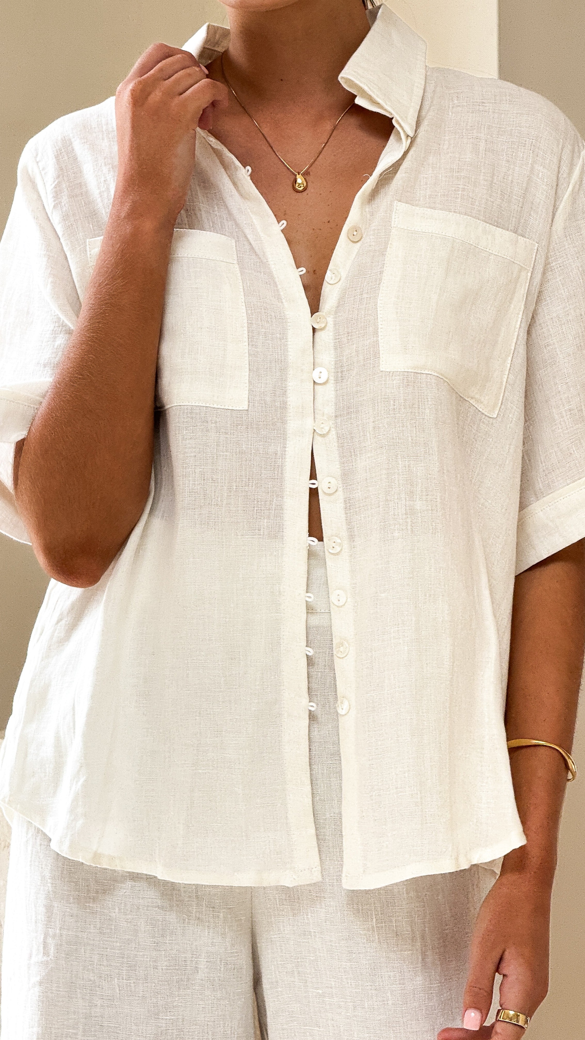 Darcila Short Sleeve Button Up Shirt - White