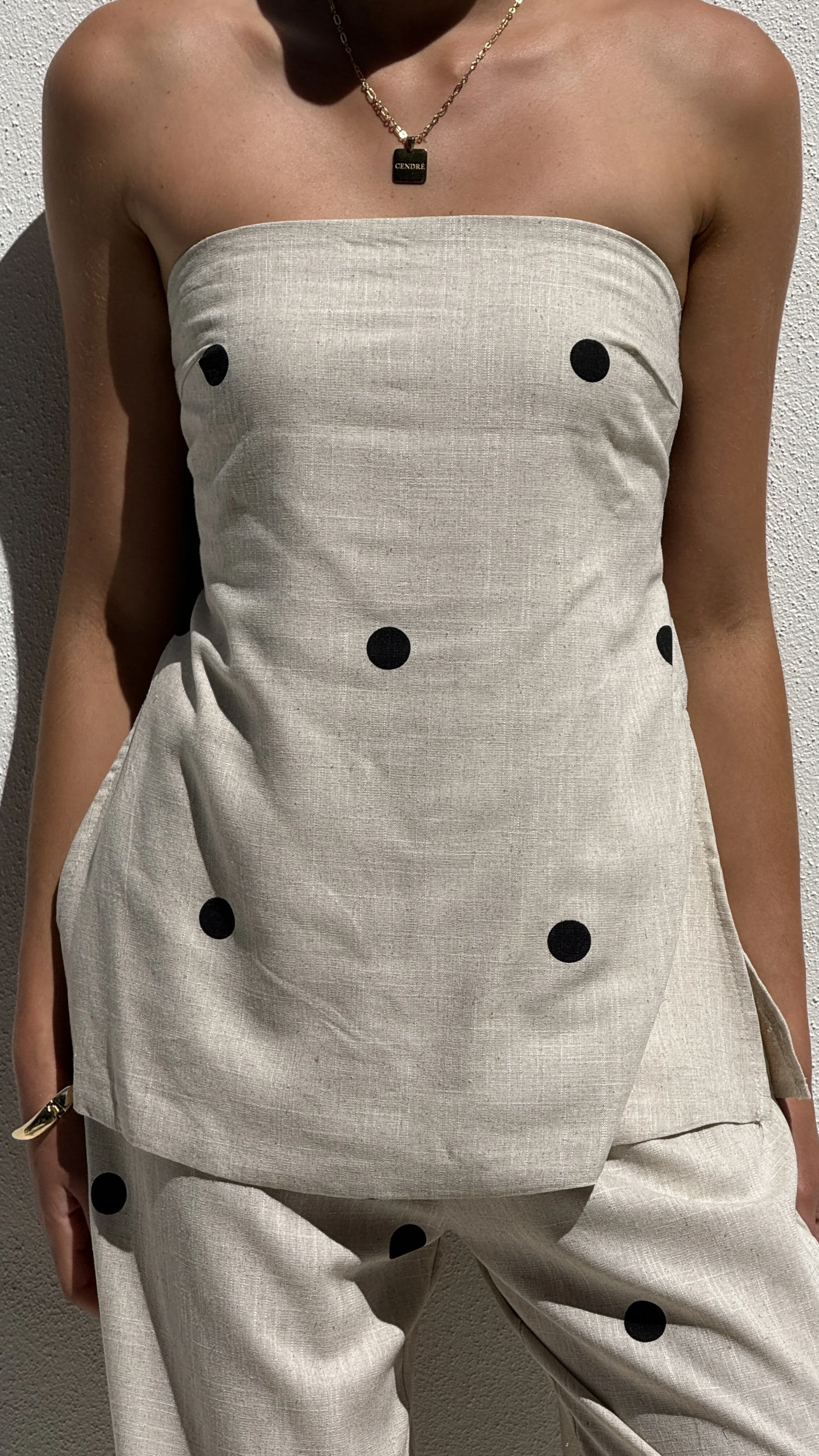 Kailani Strapless Top and Pants Set - Oatmeal / Black Polka Dot