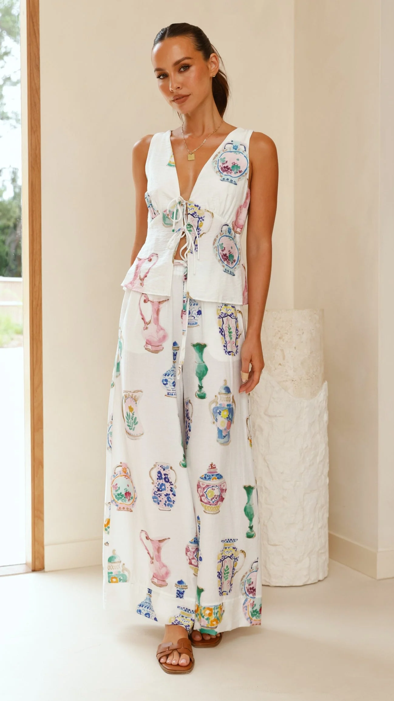 Candella Tie Front Top - Vase Print