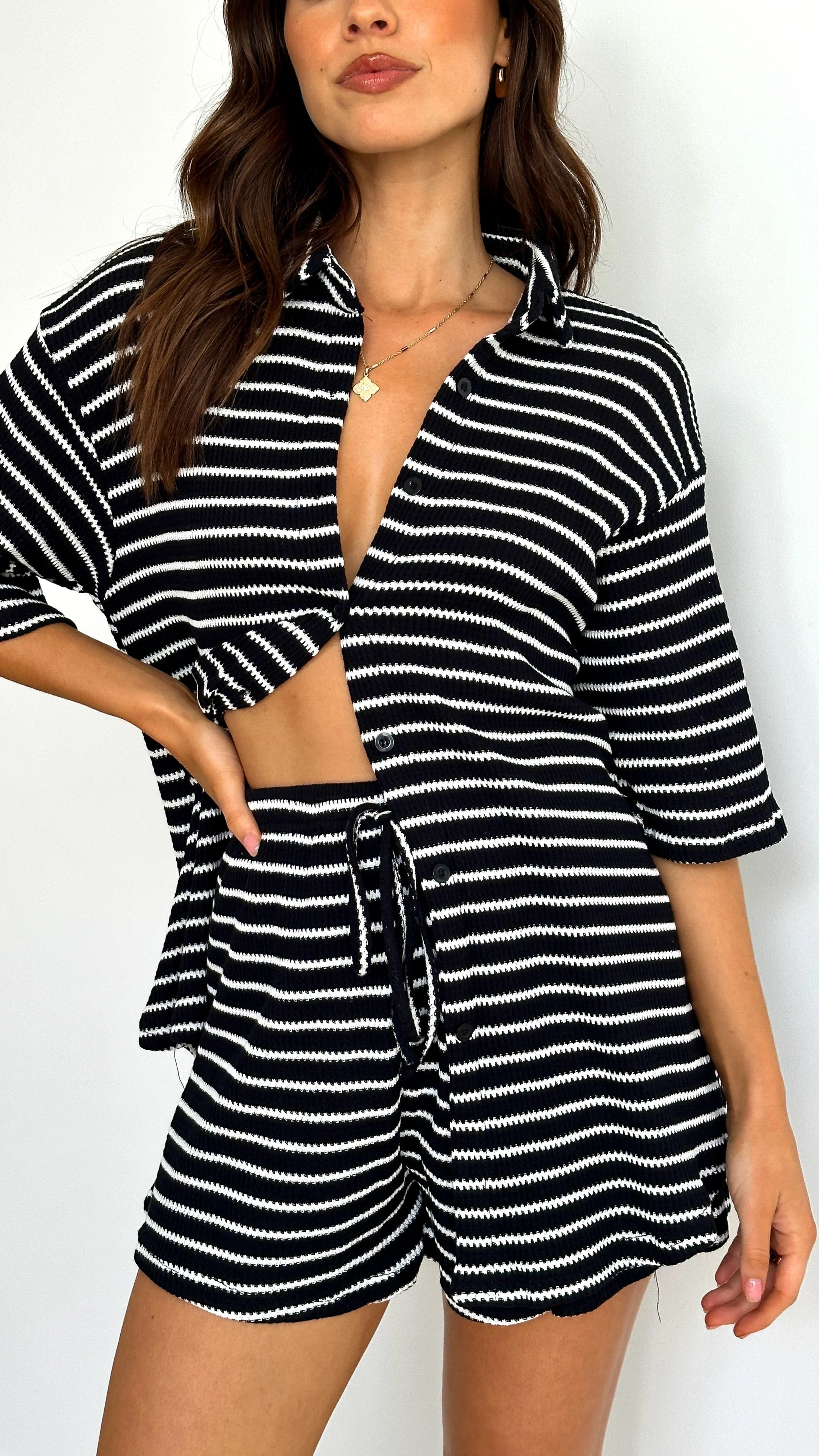 Lacole Button Up Shirt and Shorts Set - Black / White Stripe