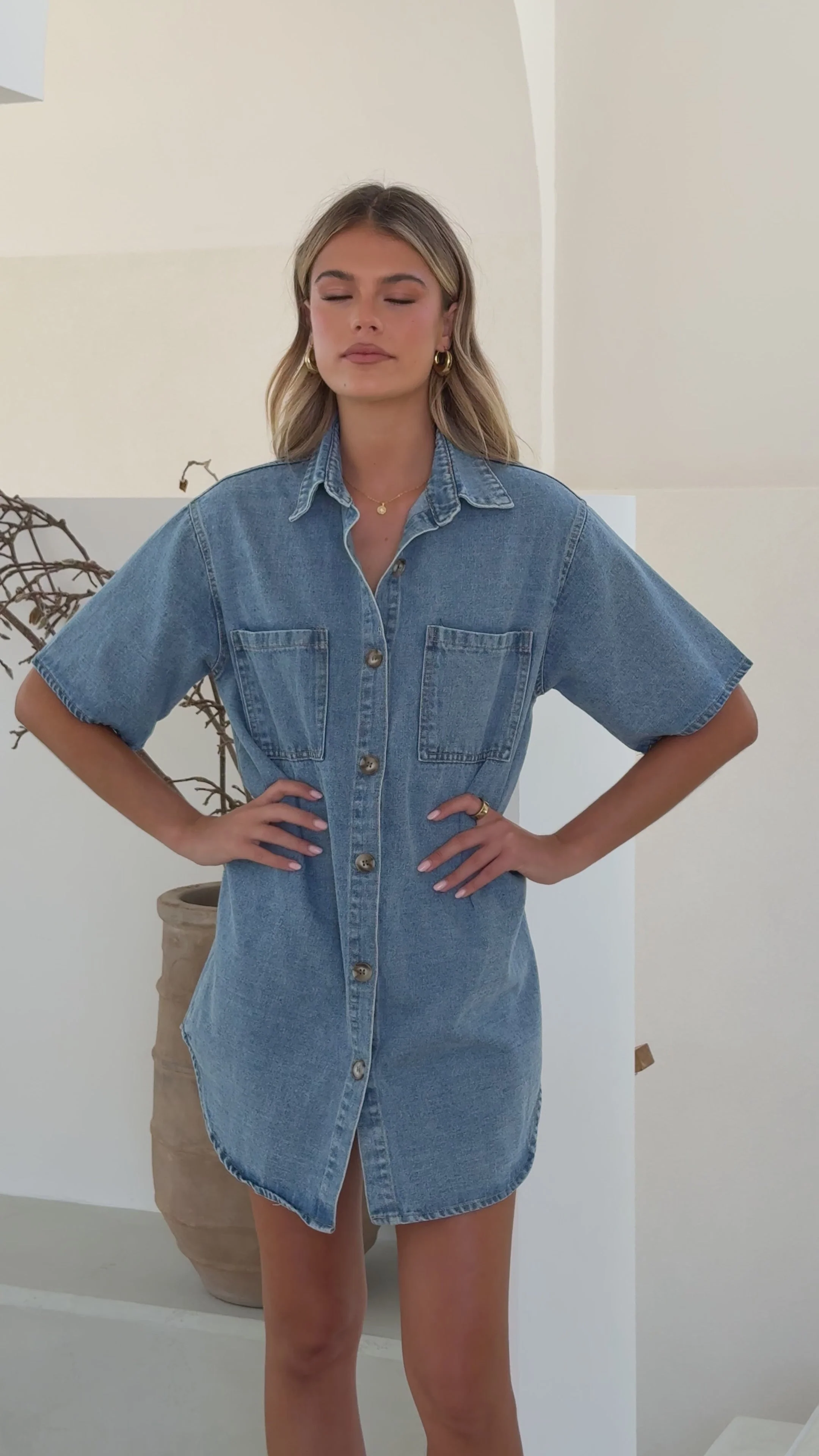 Chaney Button Up Mini Dress - Medium Denim