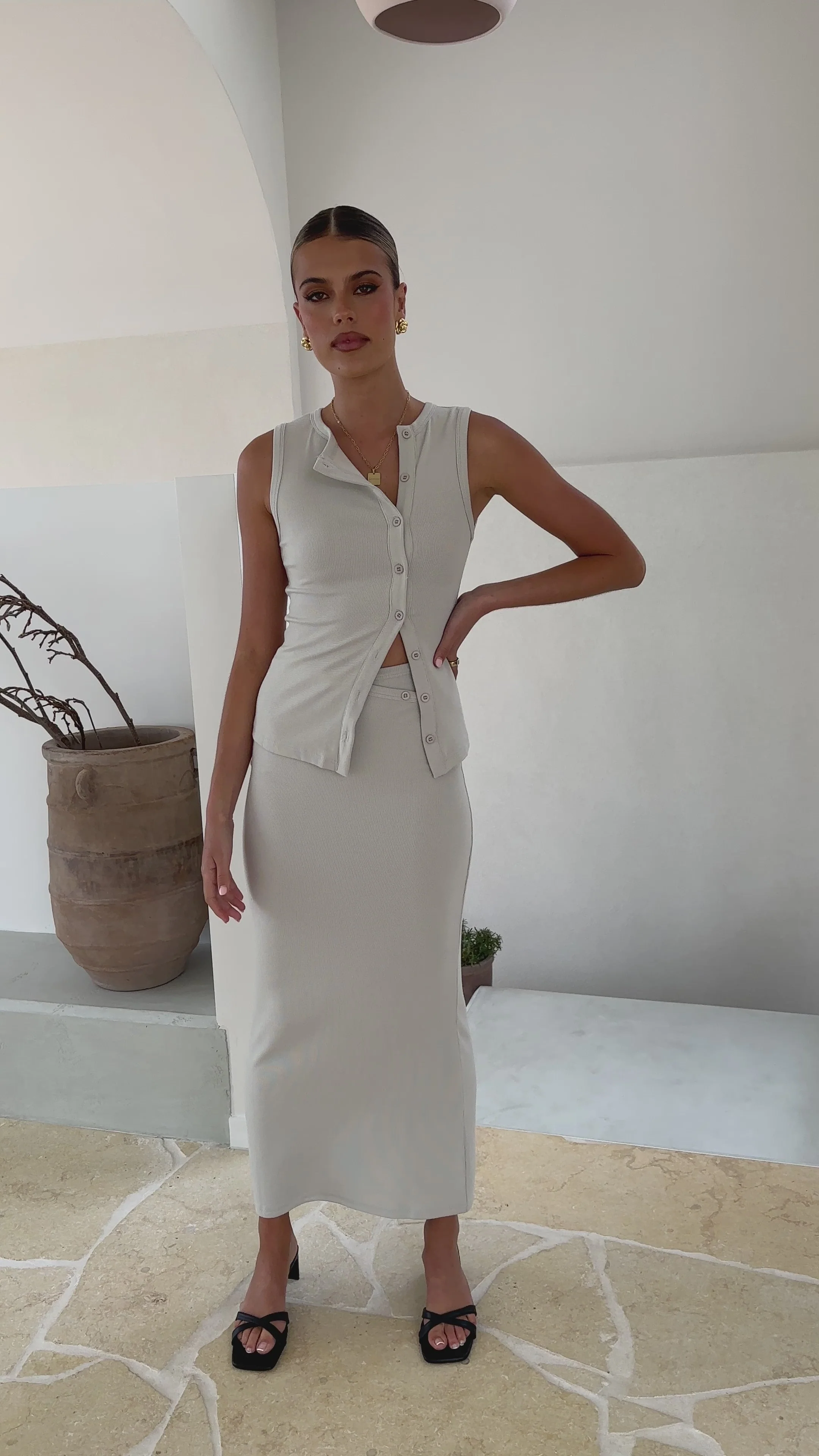 Rahela Button Top and Maxi Skirt Set - Grey