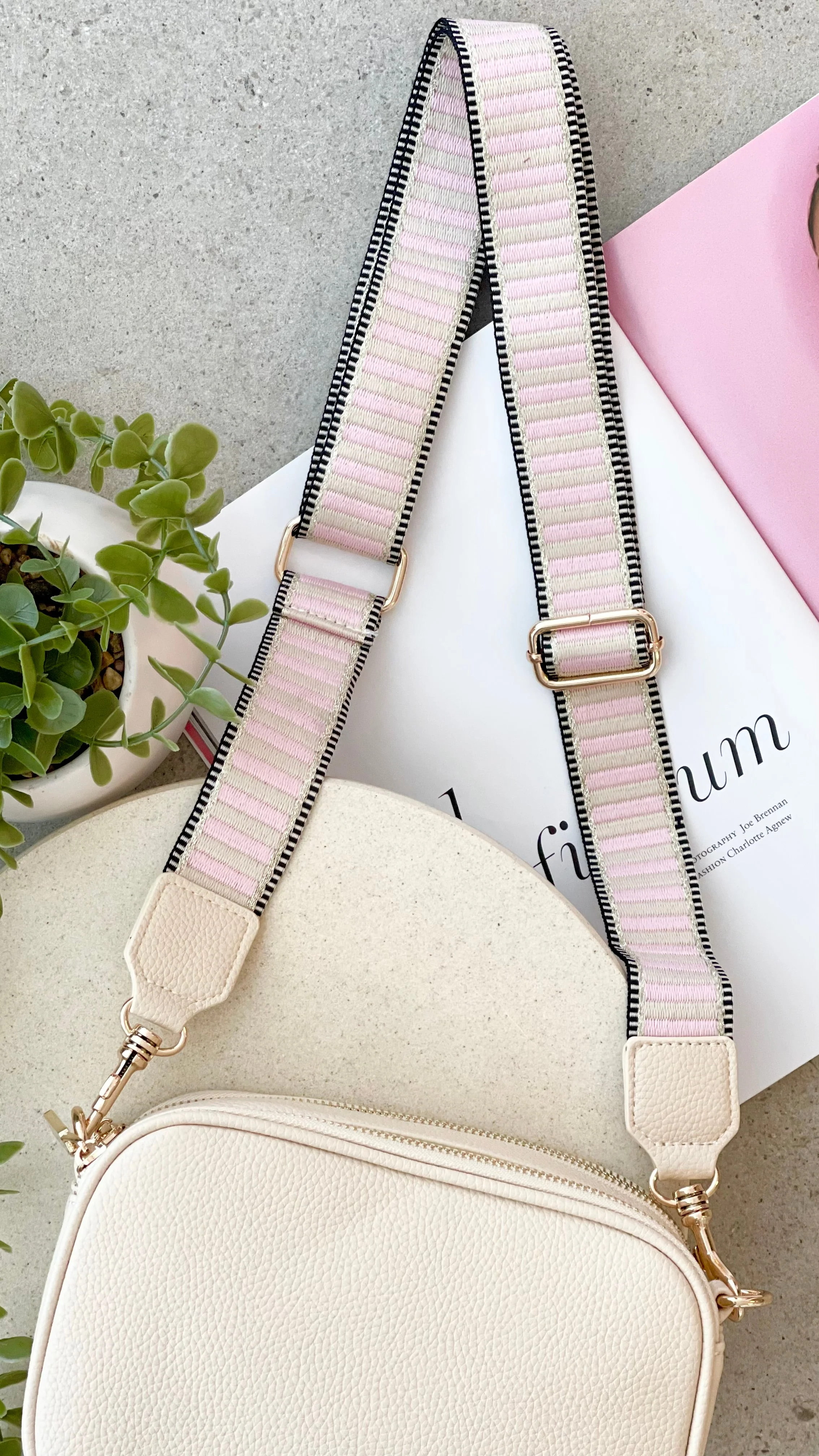 Bella Striped Webbing Camera Bag - Cream / Pink