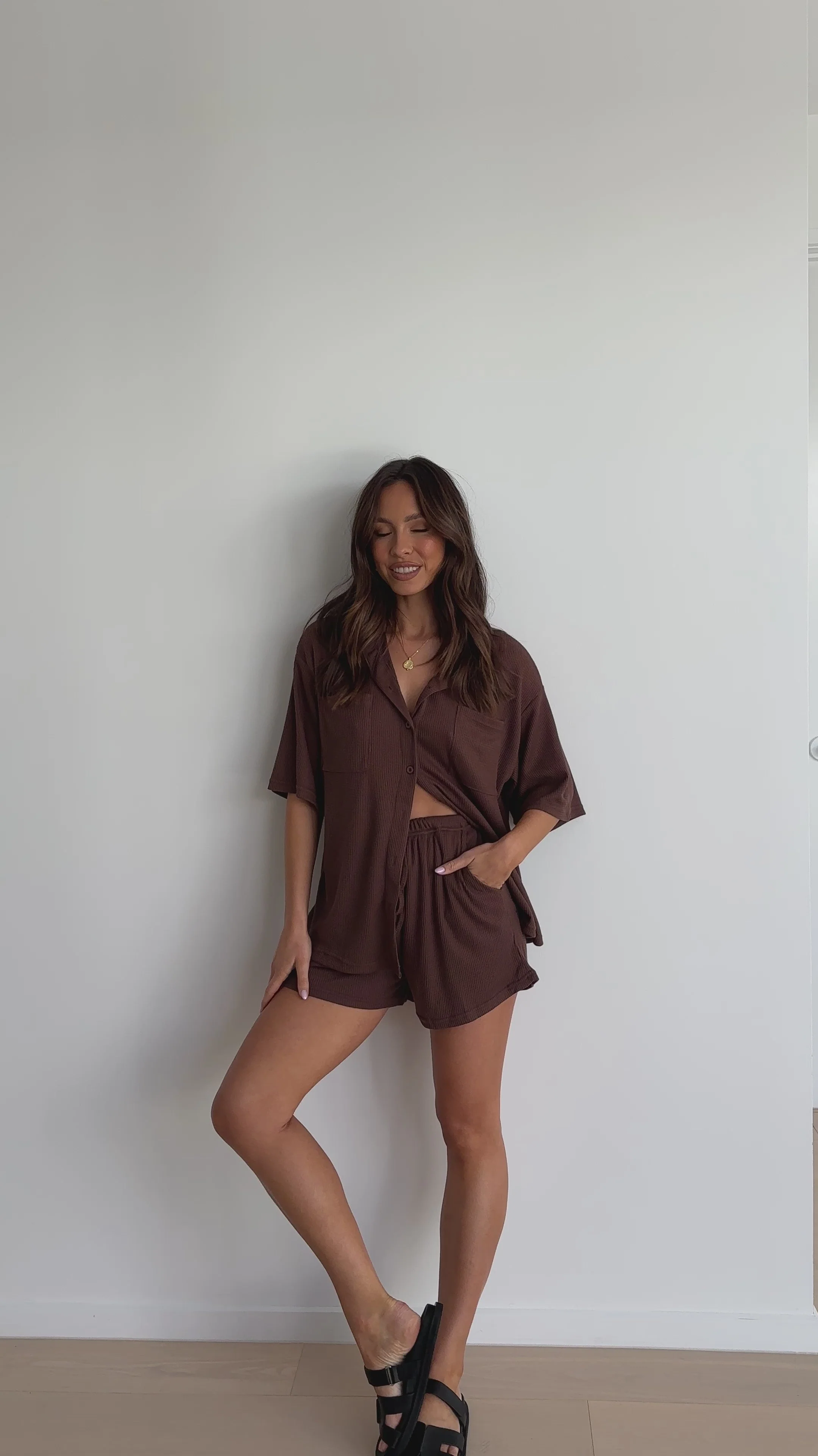 Machiko Button Up Shirt and Shorts Set - Brown Waffle Knit