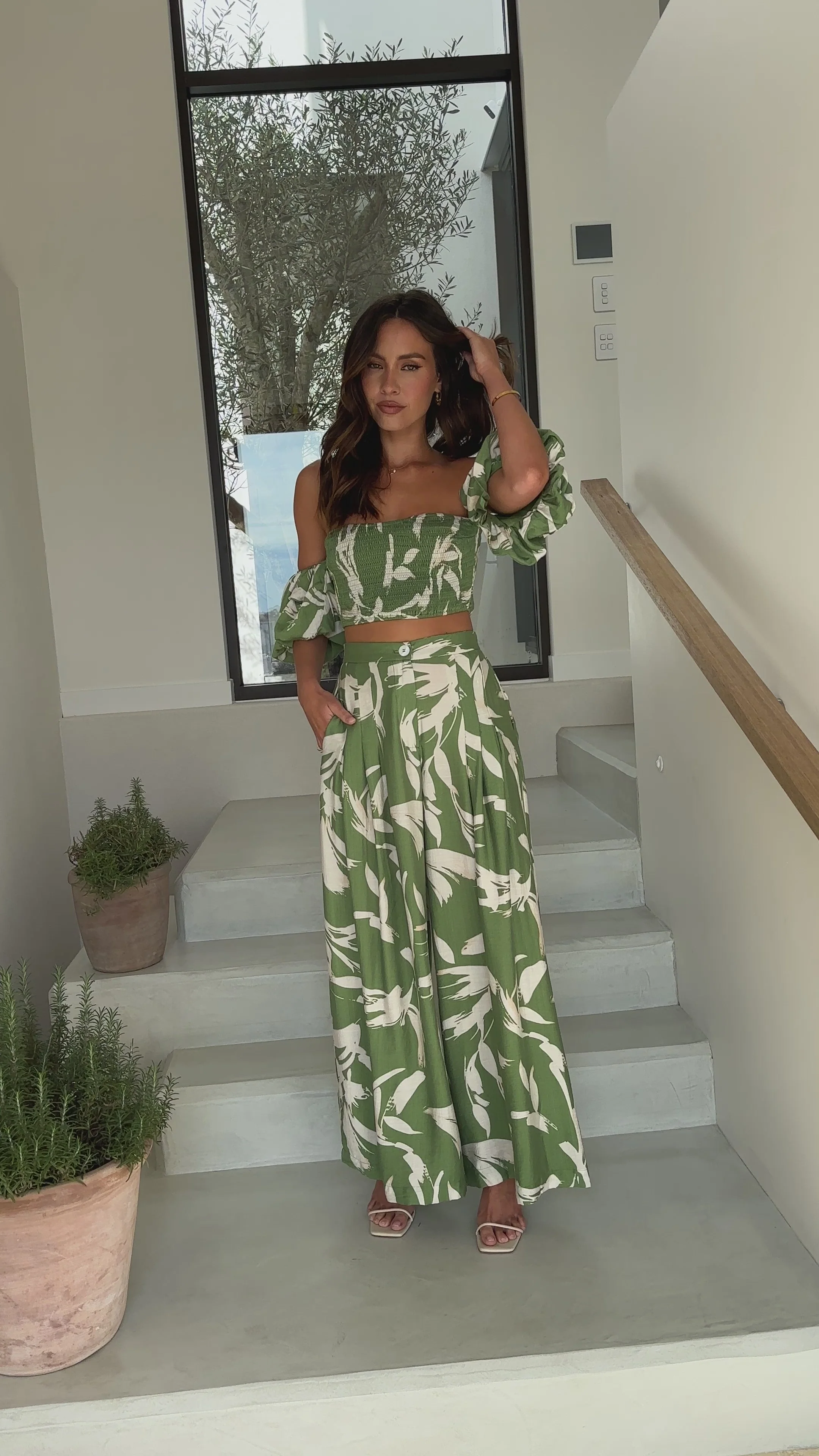 Callison Crop Top and Pants Set - Green Print