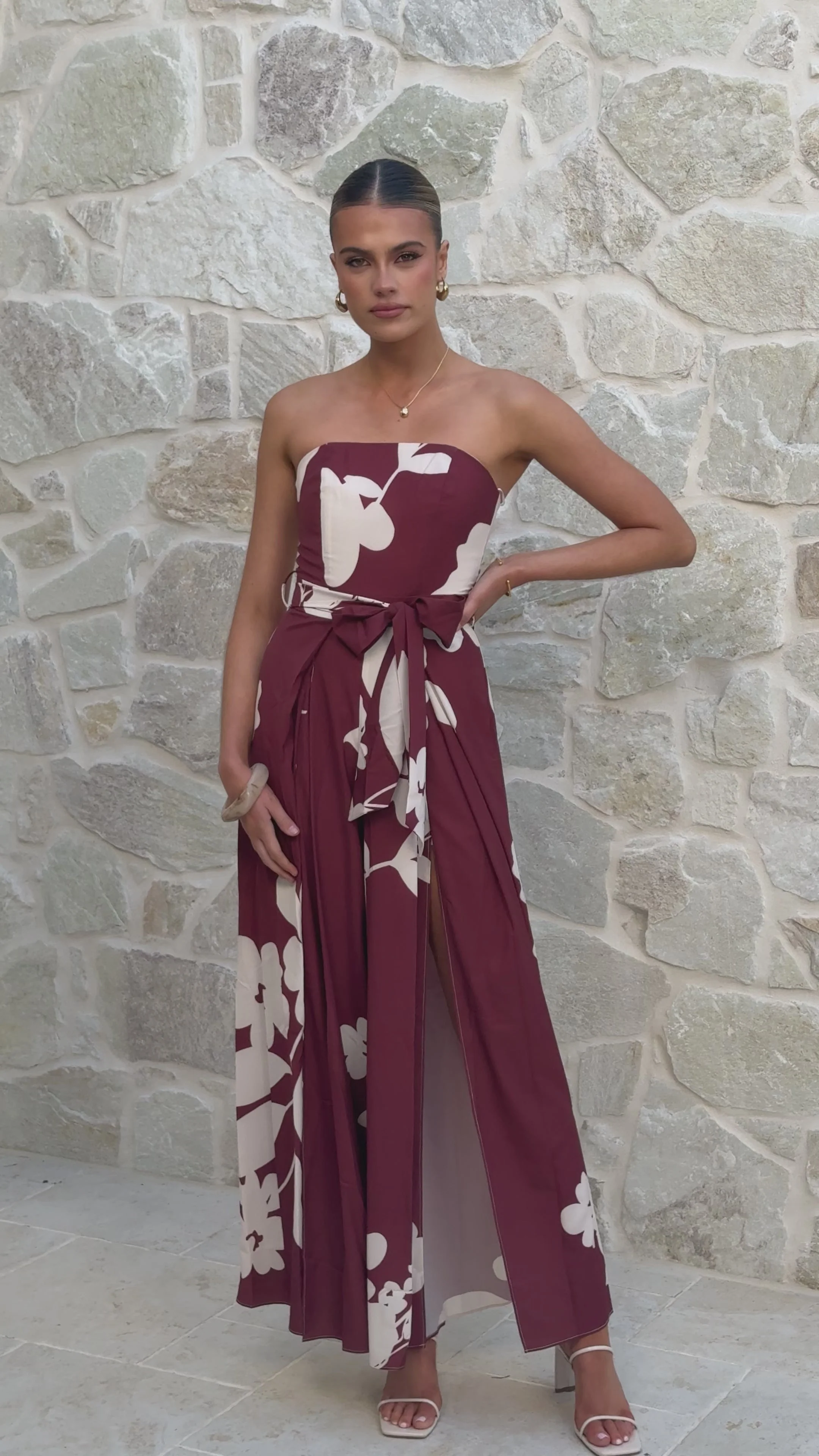 Carson Front Spilt Strapless Jumpsuit - Merlot Floral