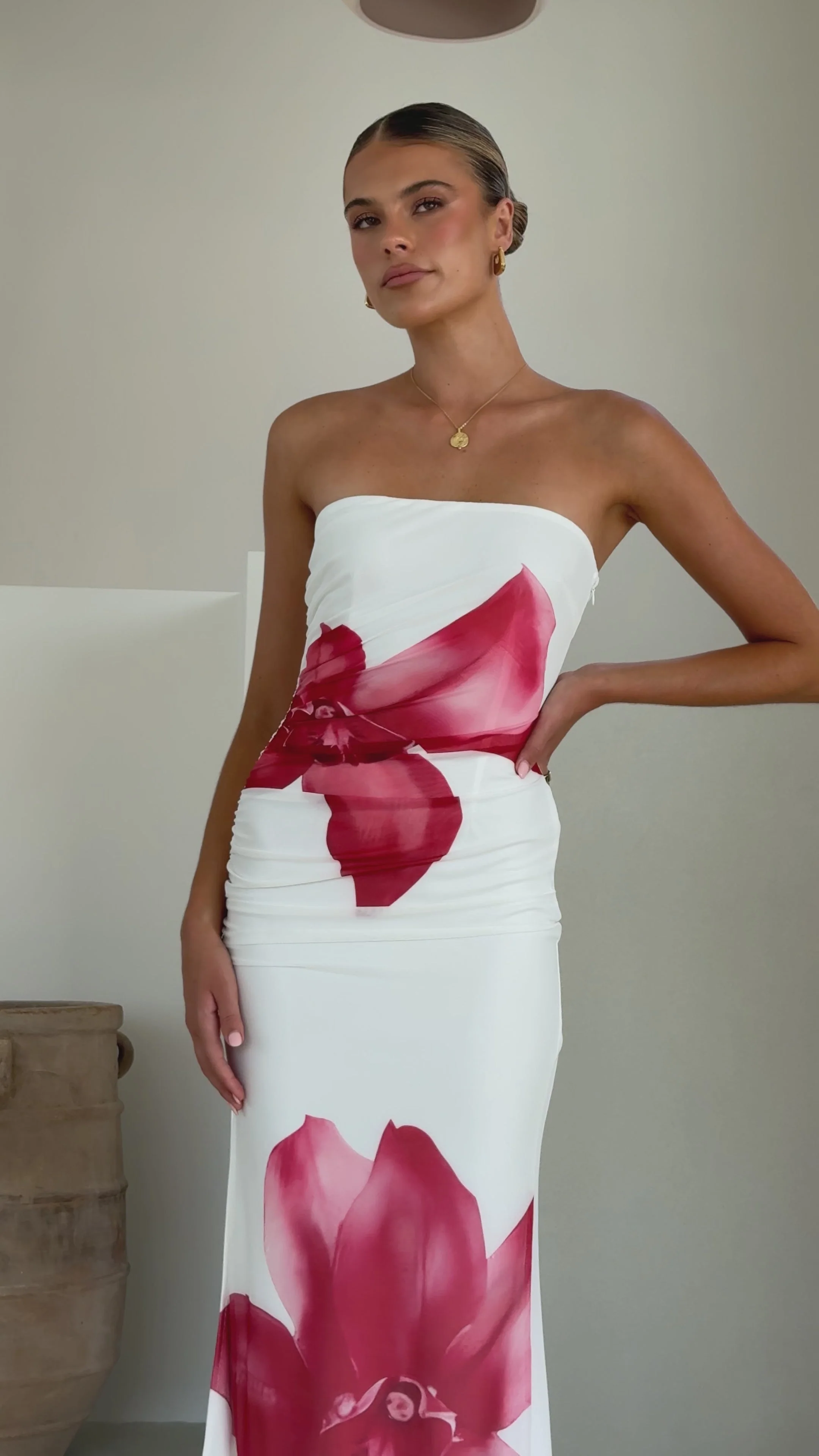 Brittani Strapless Maxi Dress - White/Red