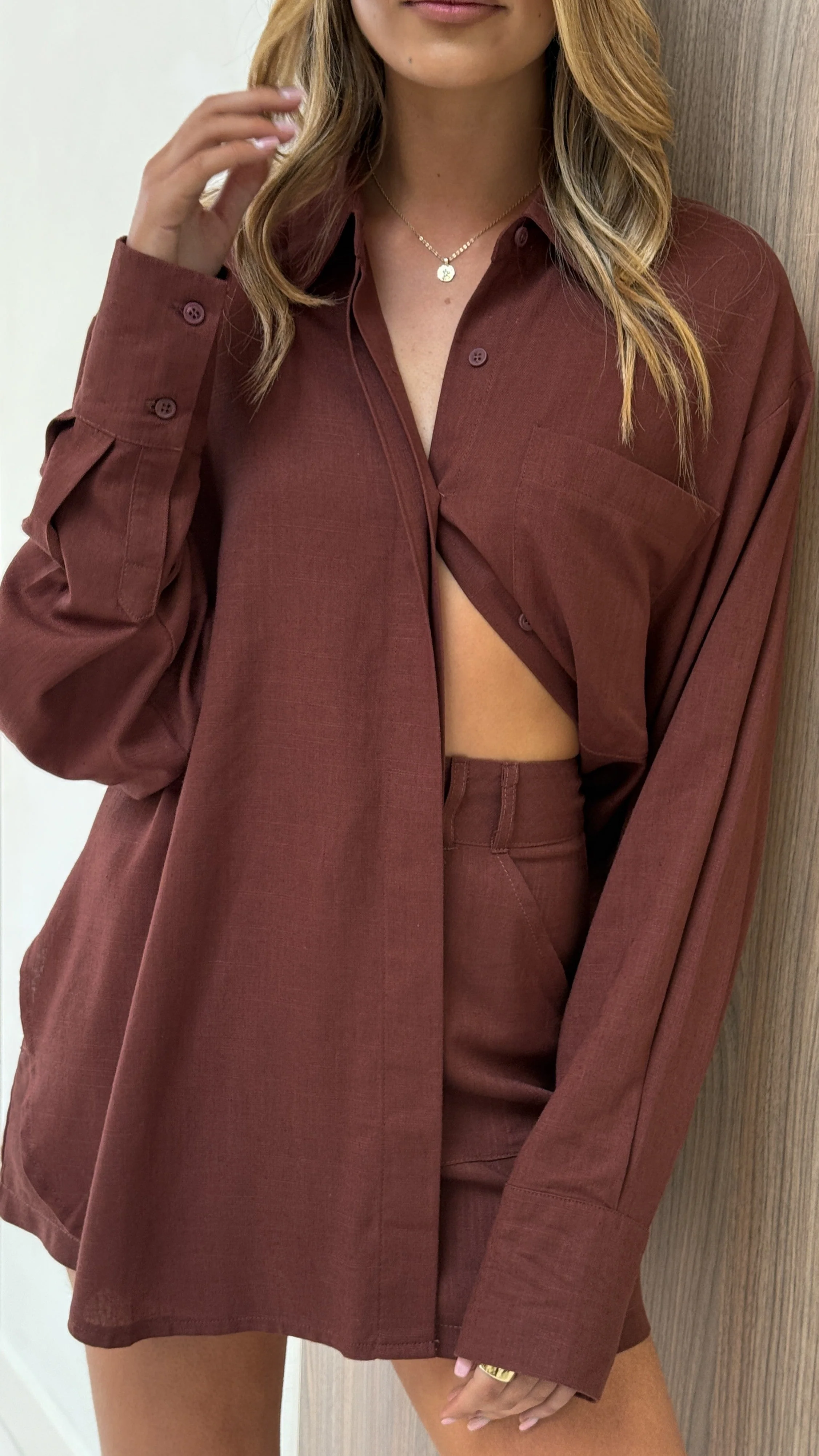 Charla Button Up Top - Brown