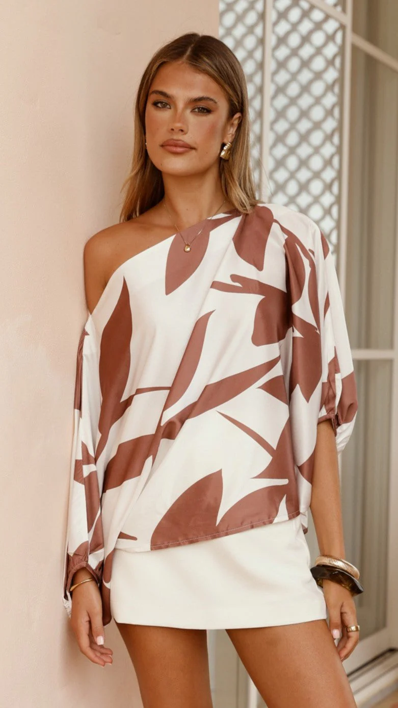 Bailey Off Shoulder Top - White / Brown