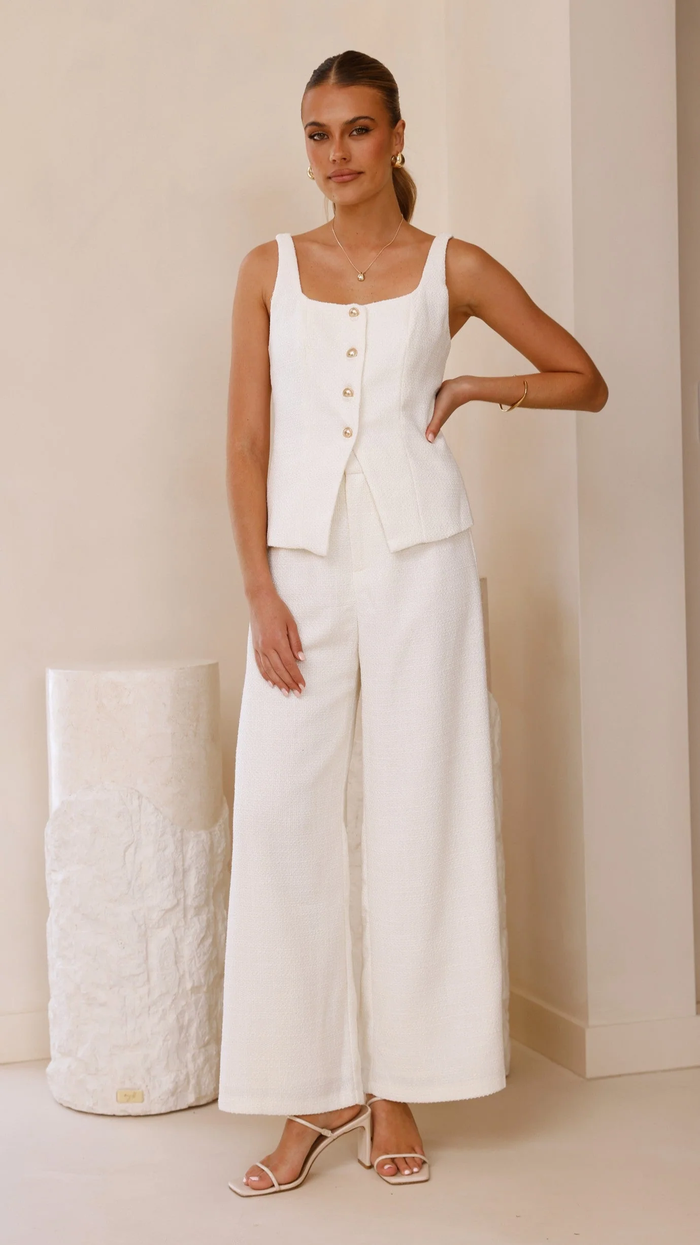Karrina Tweed Button Up Vest and Pants Set - White