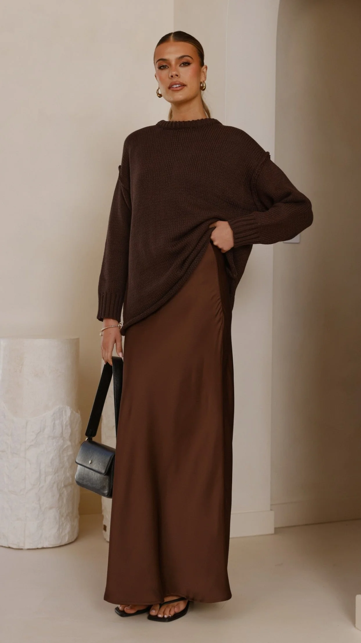 Darina Bias Cut Maxi Skirt - Chocolate