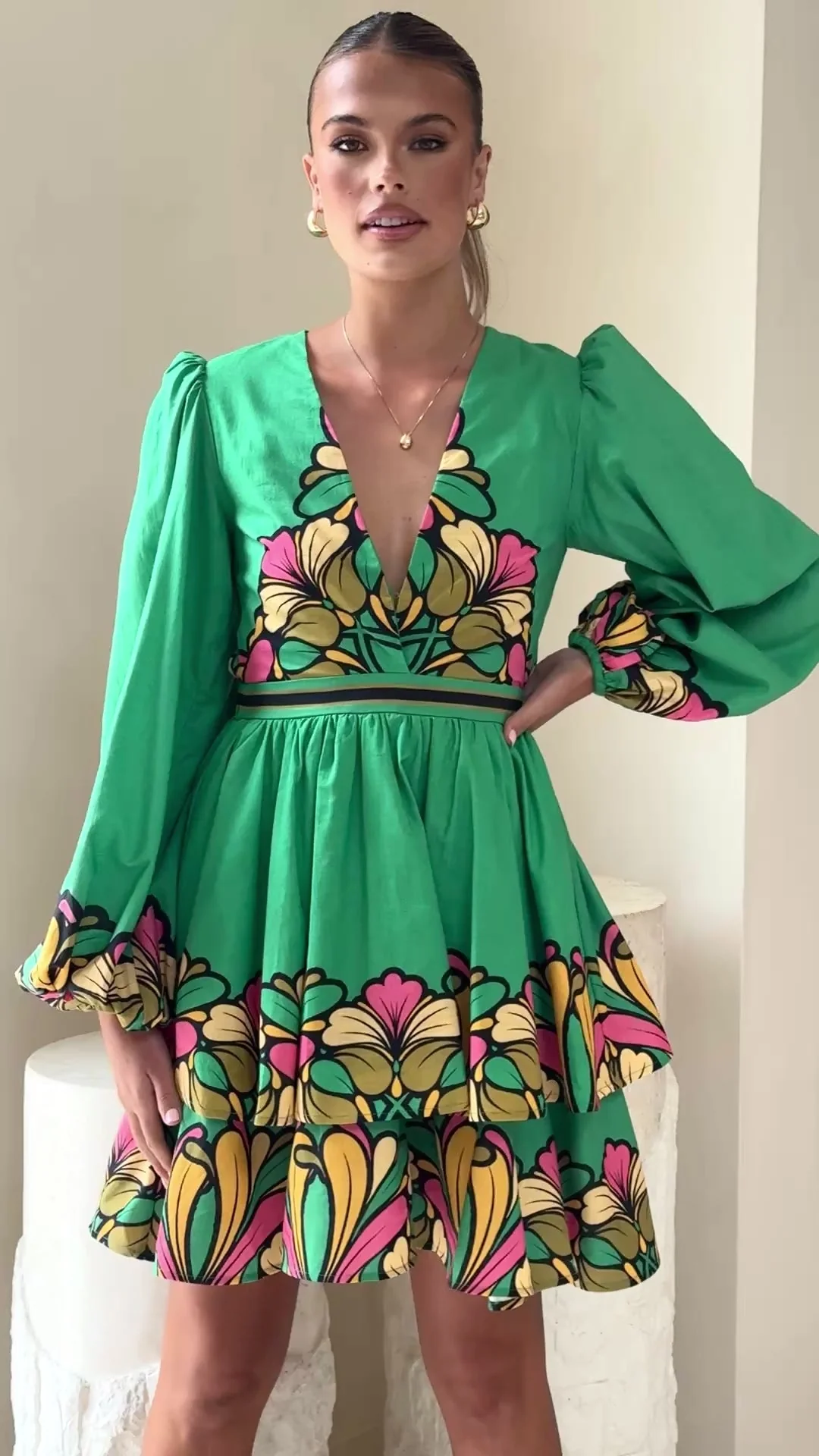 Portugal Long Sleeve Mini Dress - Apple