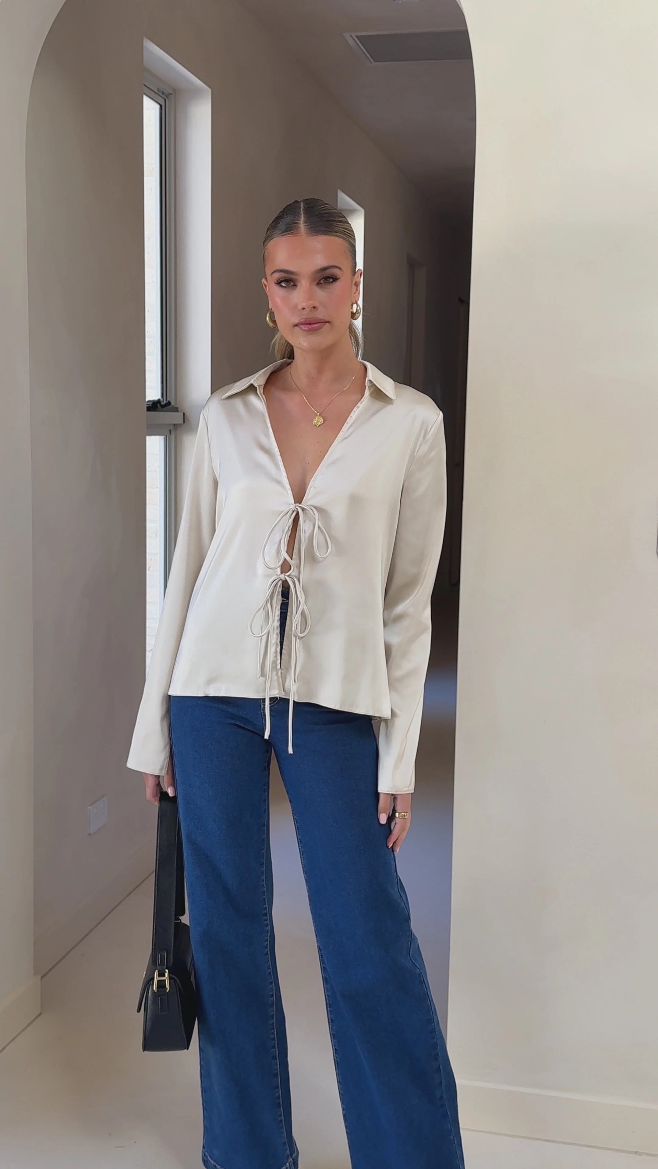 Darielle Tie Front Long Sleeve Top - Champagne