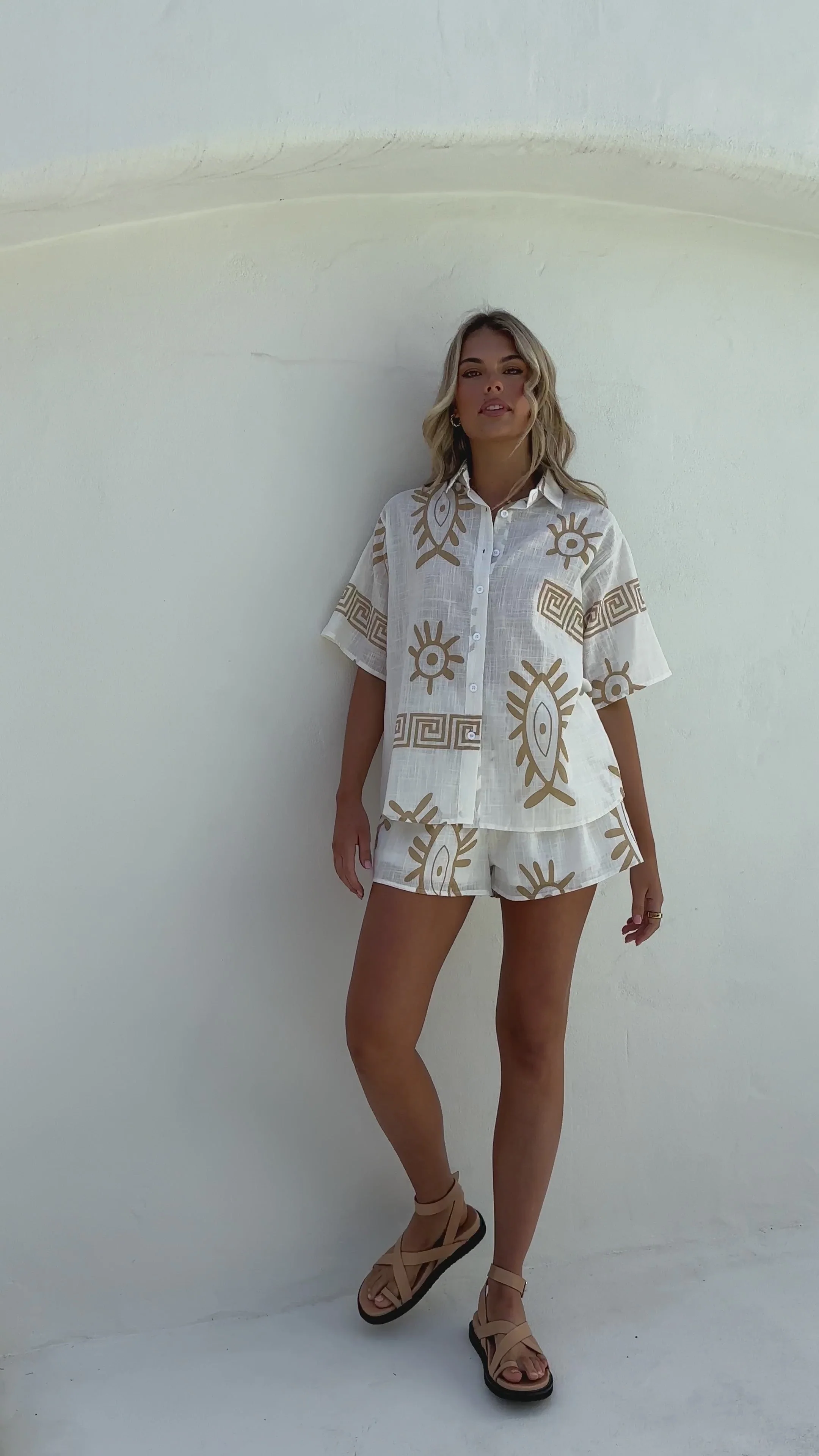 Charli Button Up Shirt and Shorts Set - White/Beige Aztec