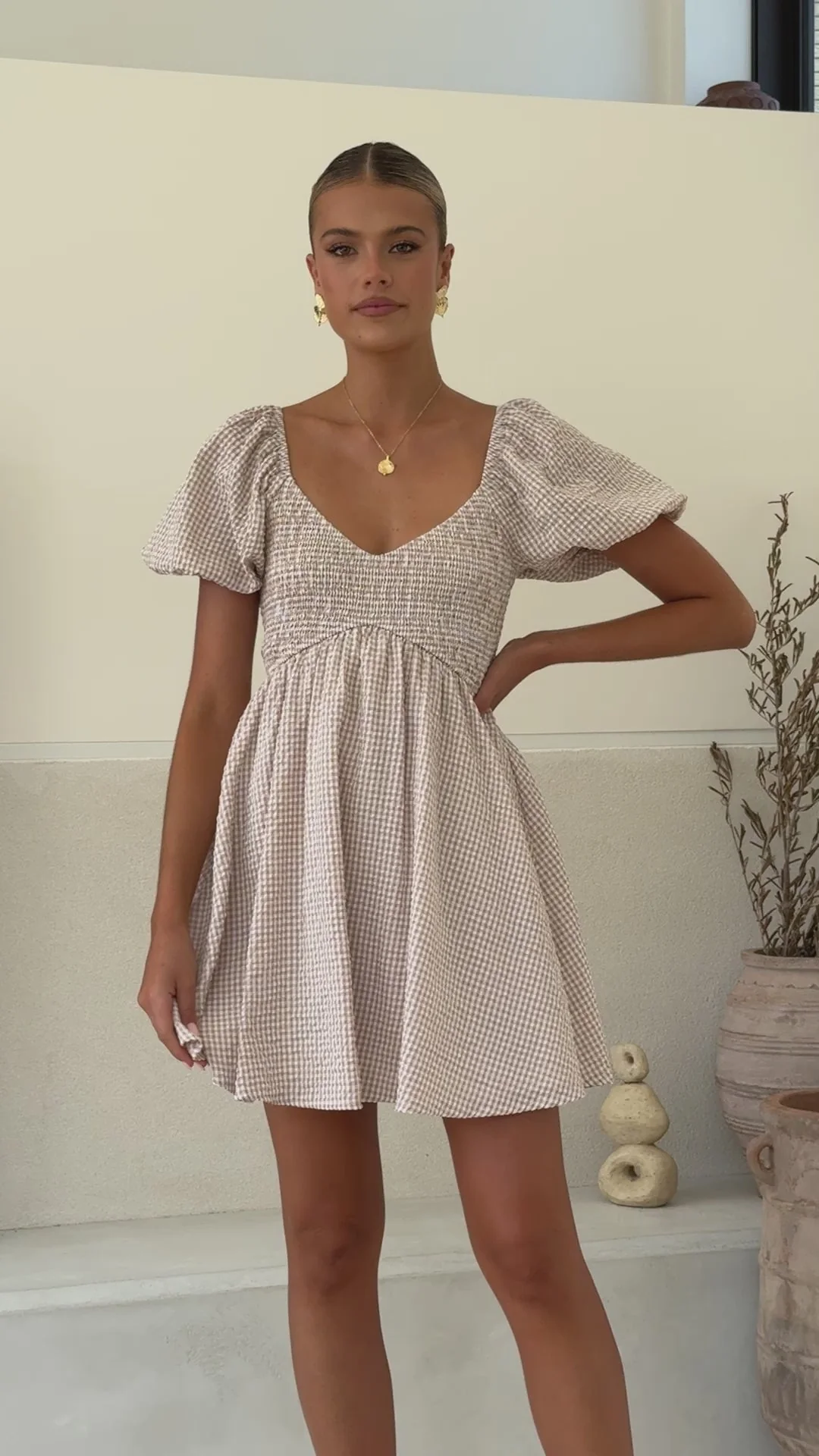 Sahirah Mini Dress - Beige / White Gingham