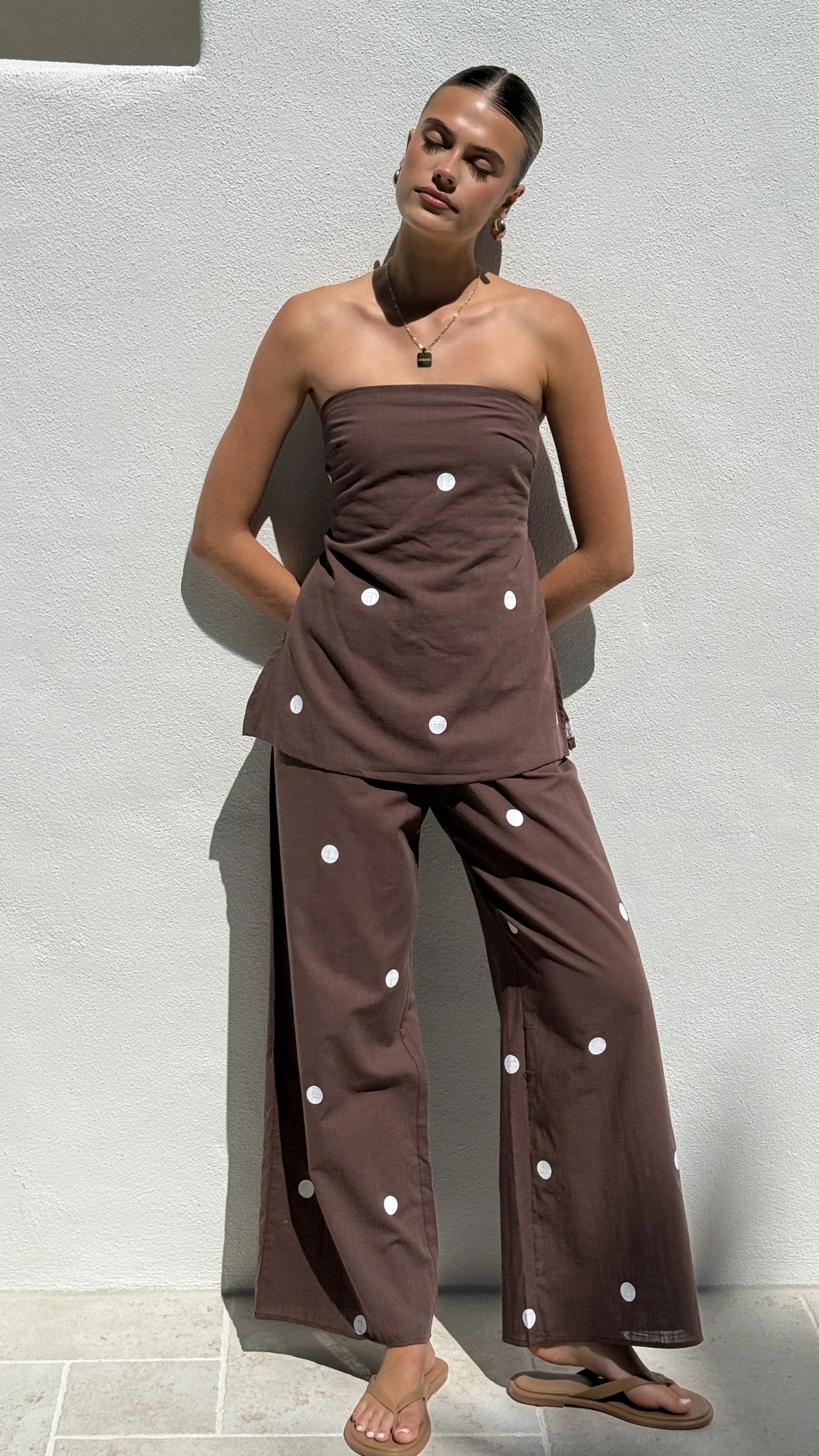 Kailani Strapless Top and Pants Set - Chocolate / White Polka Dot