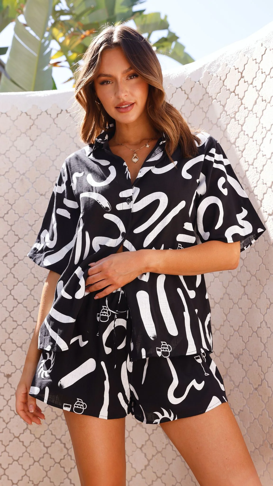 Charli Button Up Shirt and Shorts Set - Black/White