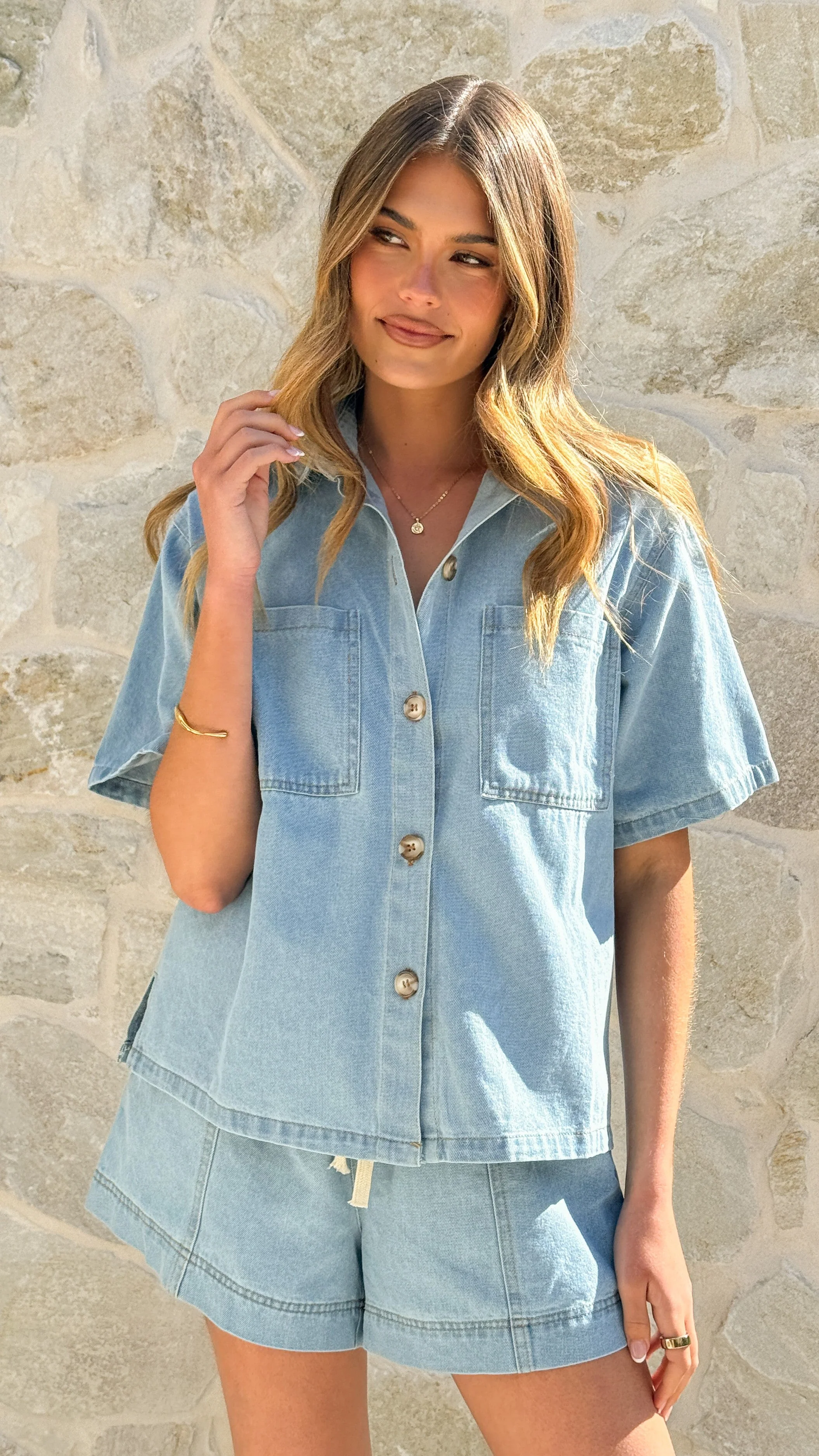 Adia Top and Shorts Set - Light Blue Denim