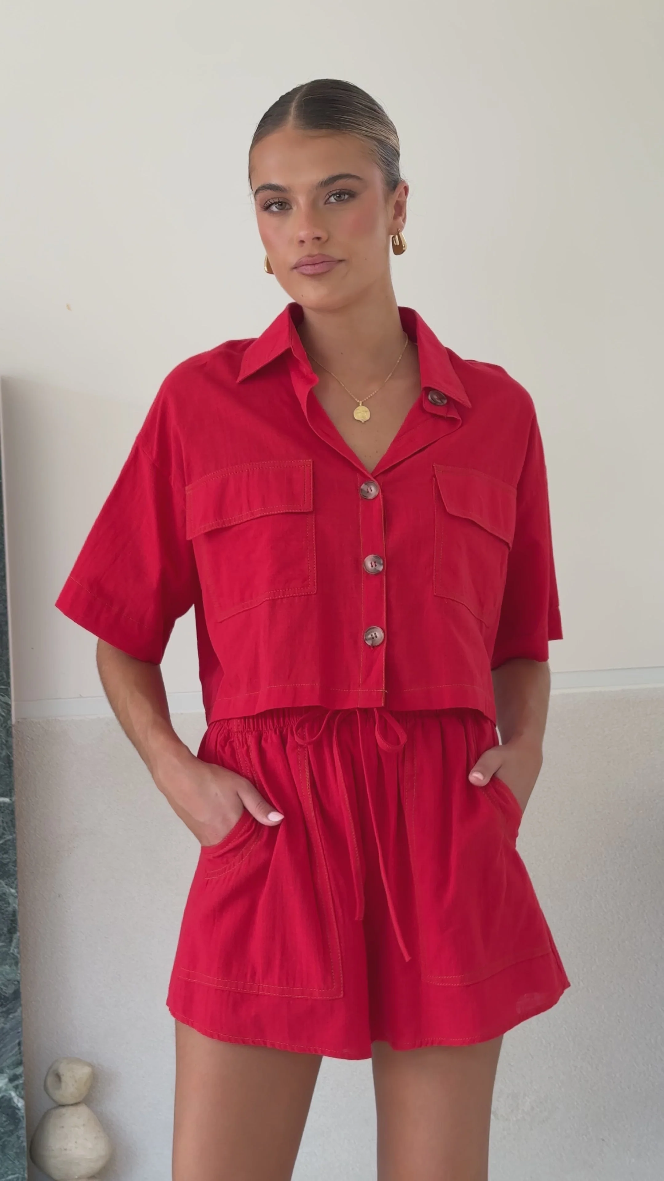 Bridgette Cropped Shirt and Shorts Set - Red