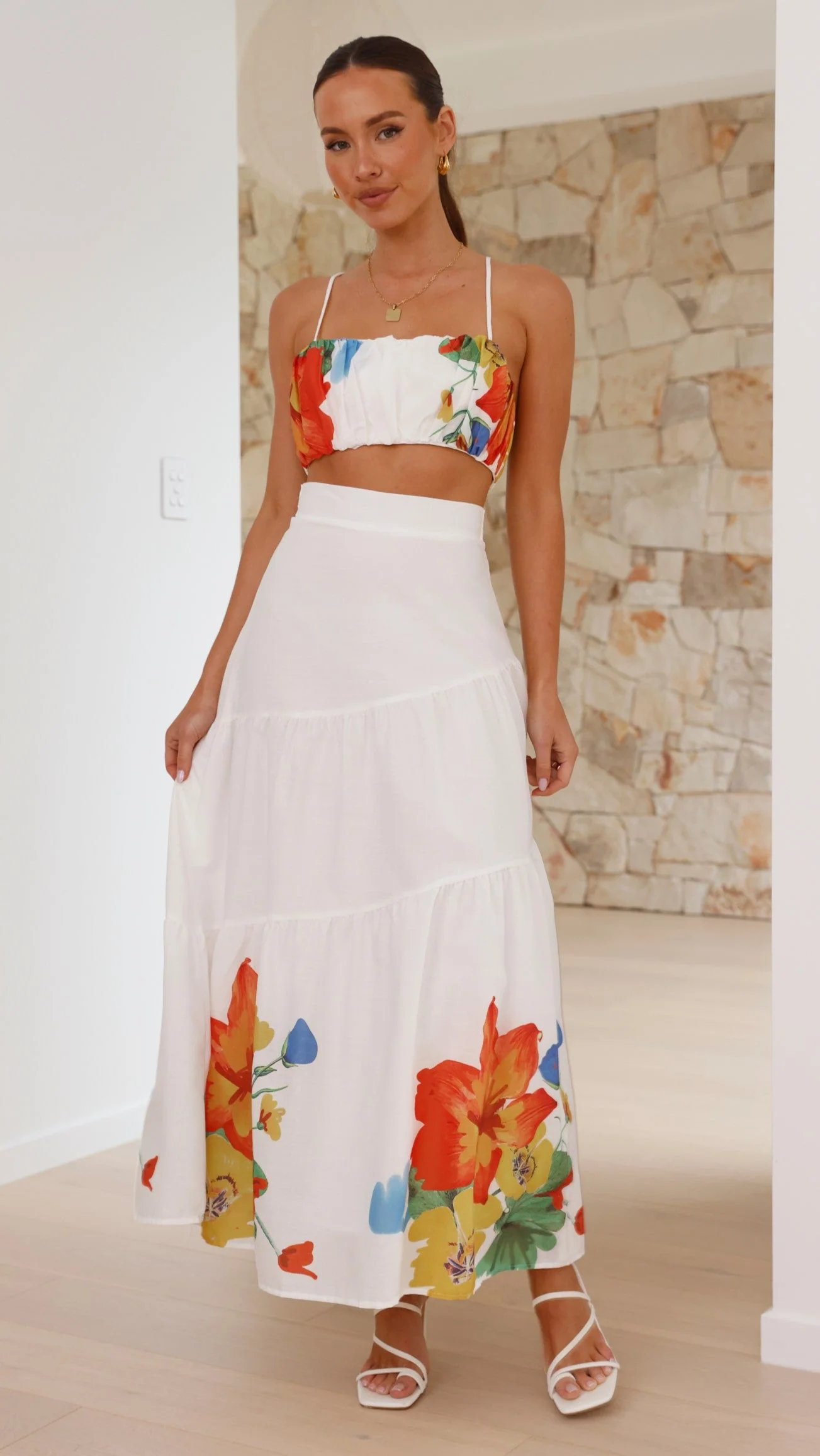 Saraya Top and Skirt Set - White Floral