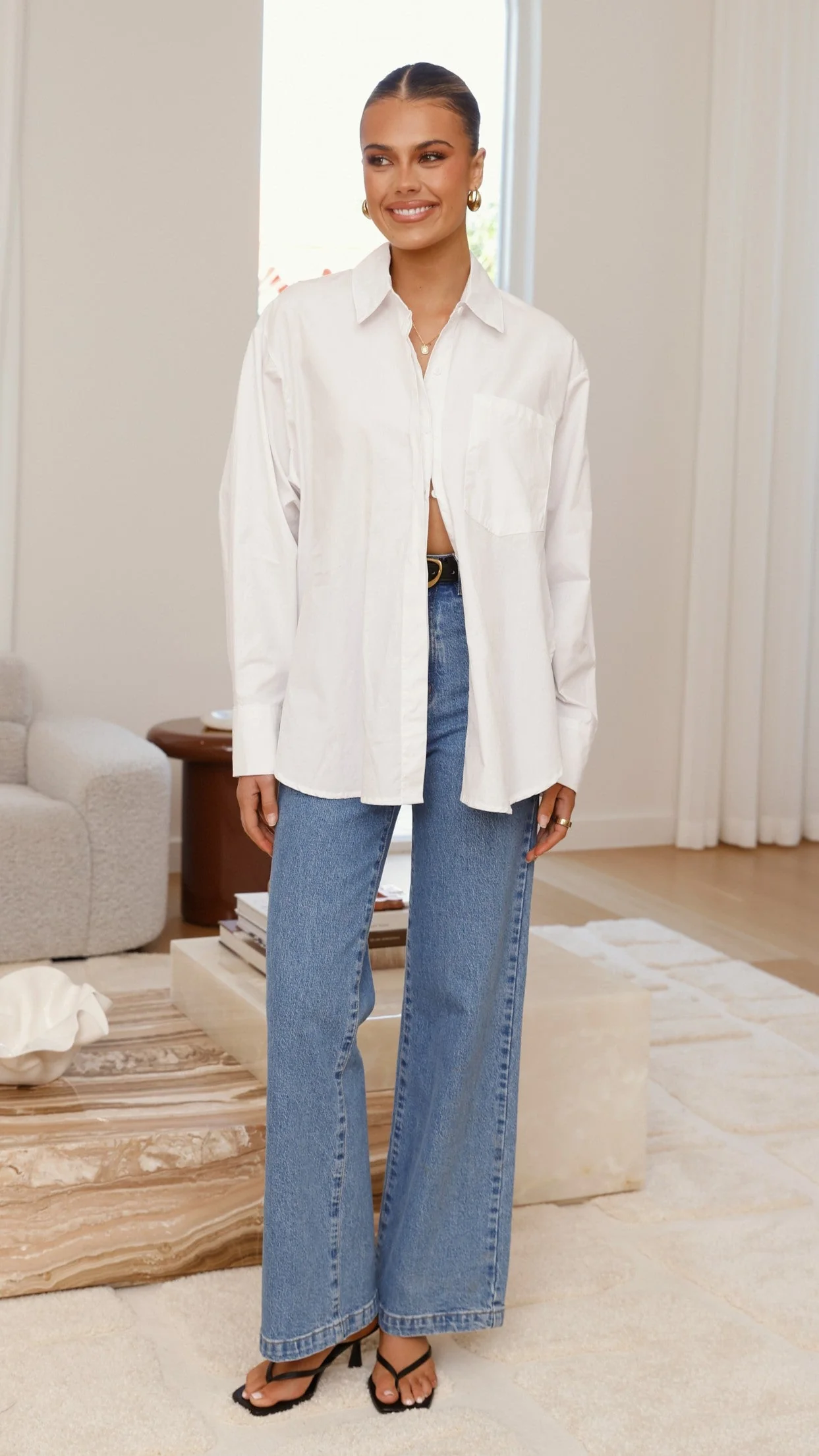 Charla Button Up Poplin Top - White