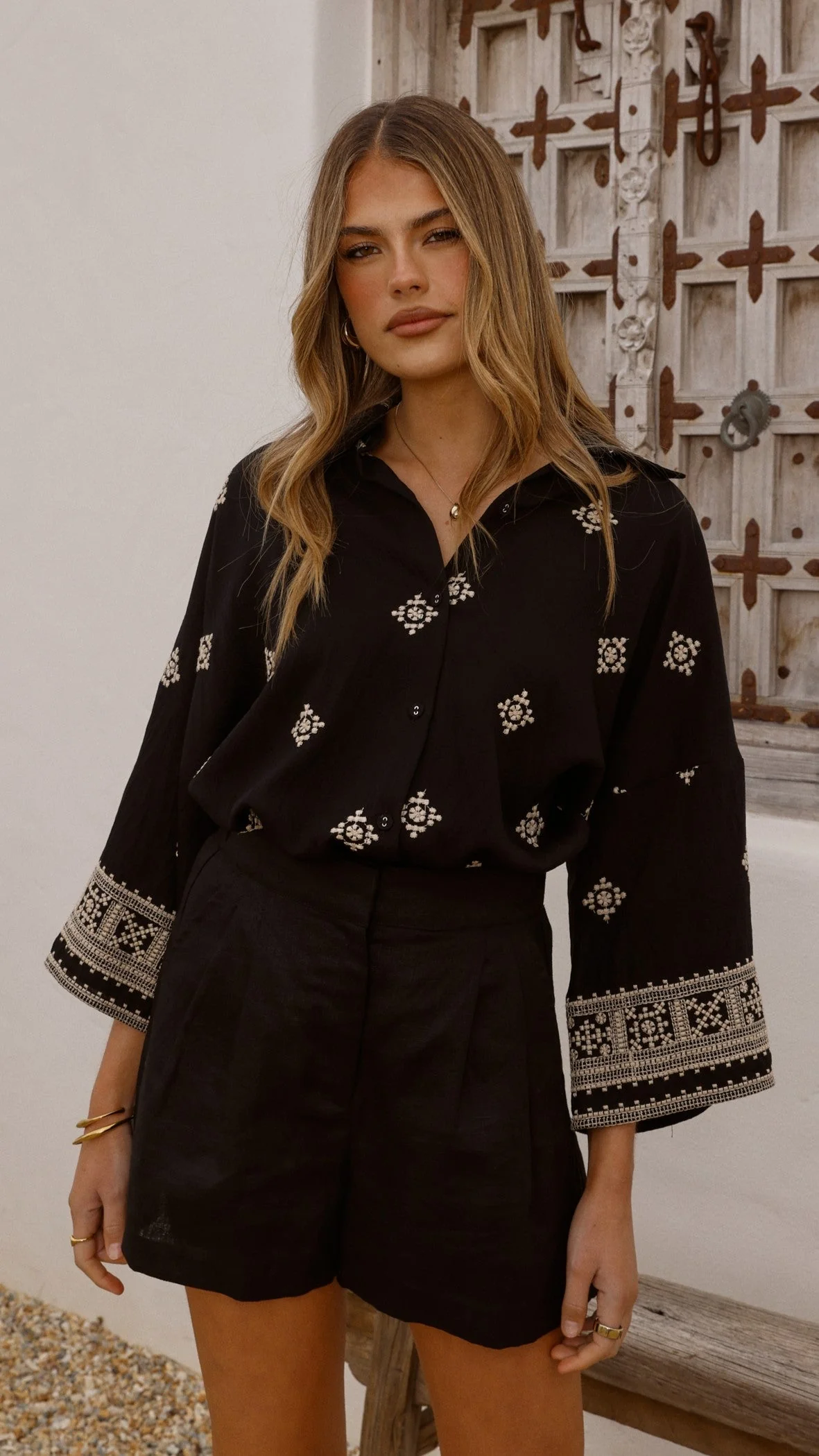 Deni Button Up Shirt - Black/Beige