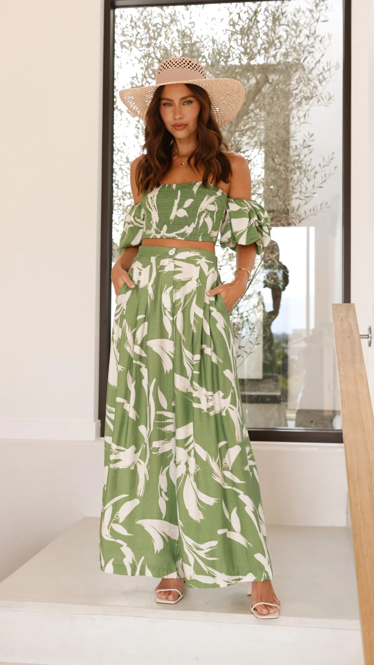 Callison Crop Top and Pants Set - Green Print