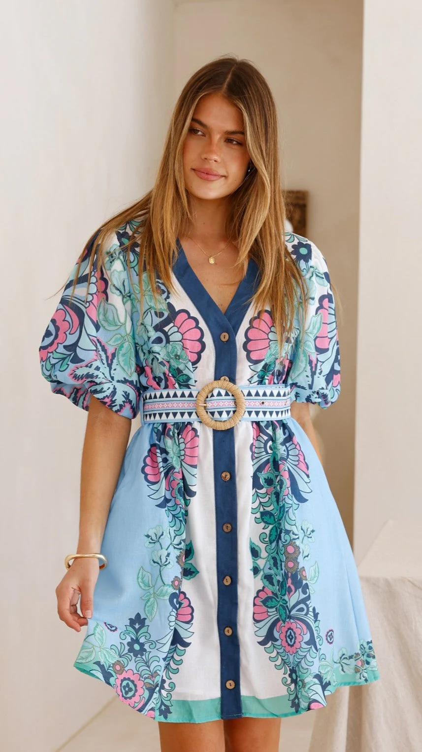 Dali Mini Dress - Island Bloom Blue
