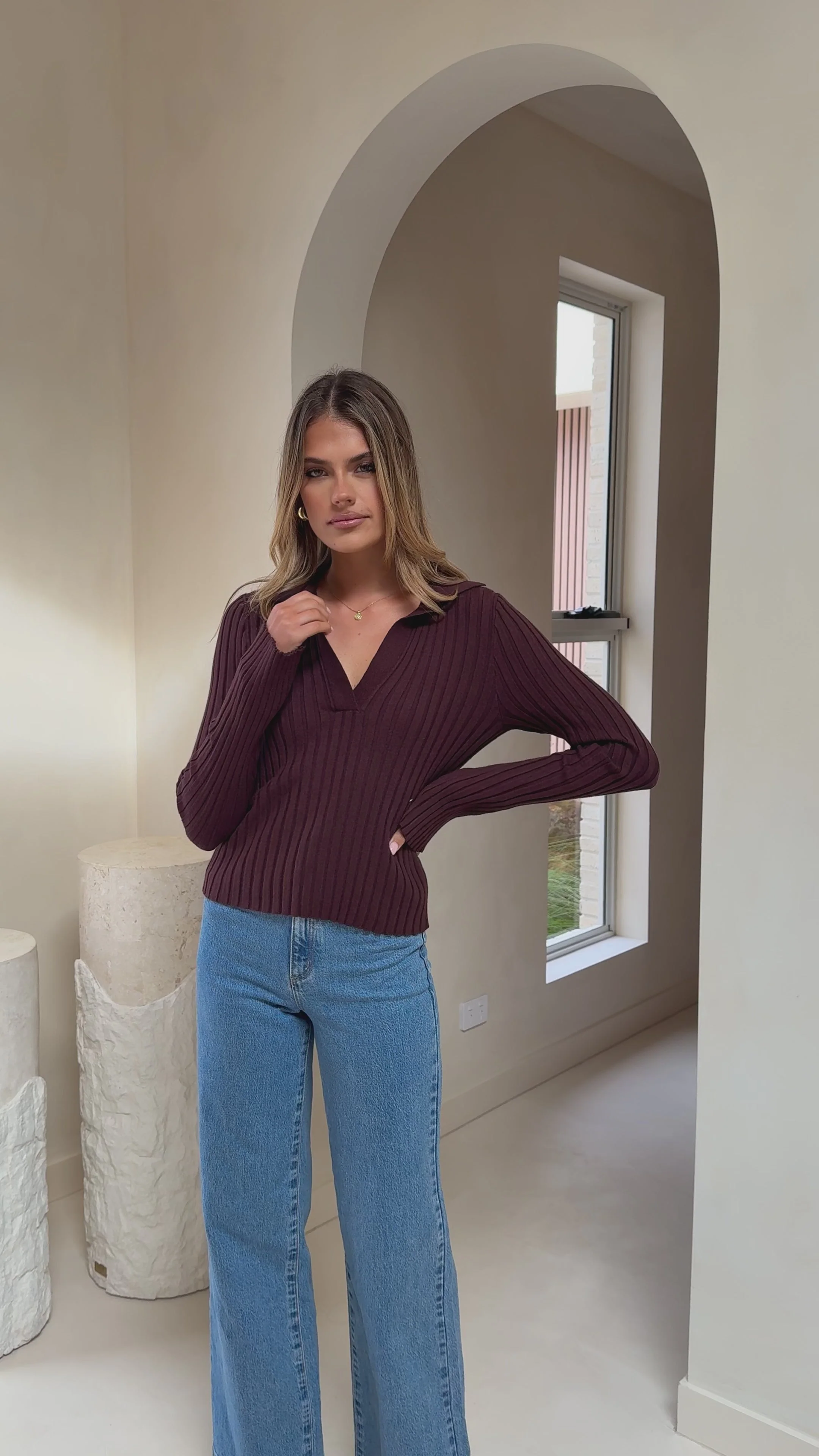 Corbin Collared Knit Top - Brown