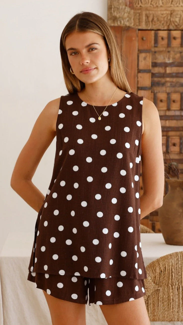 Janae Top and Shorts Set - Brown/White Polka