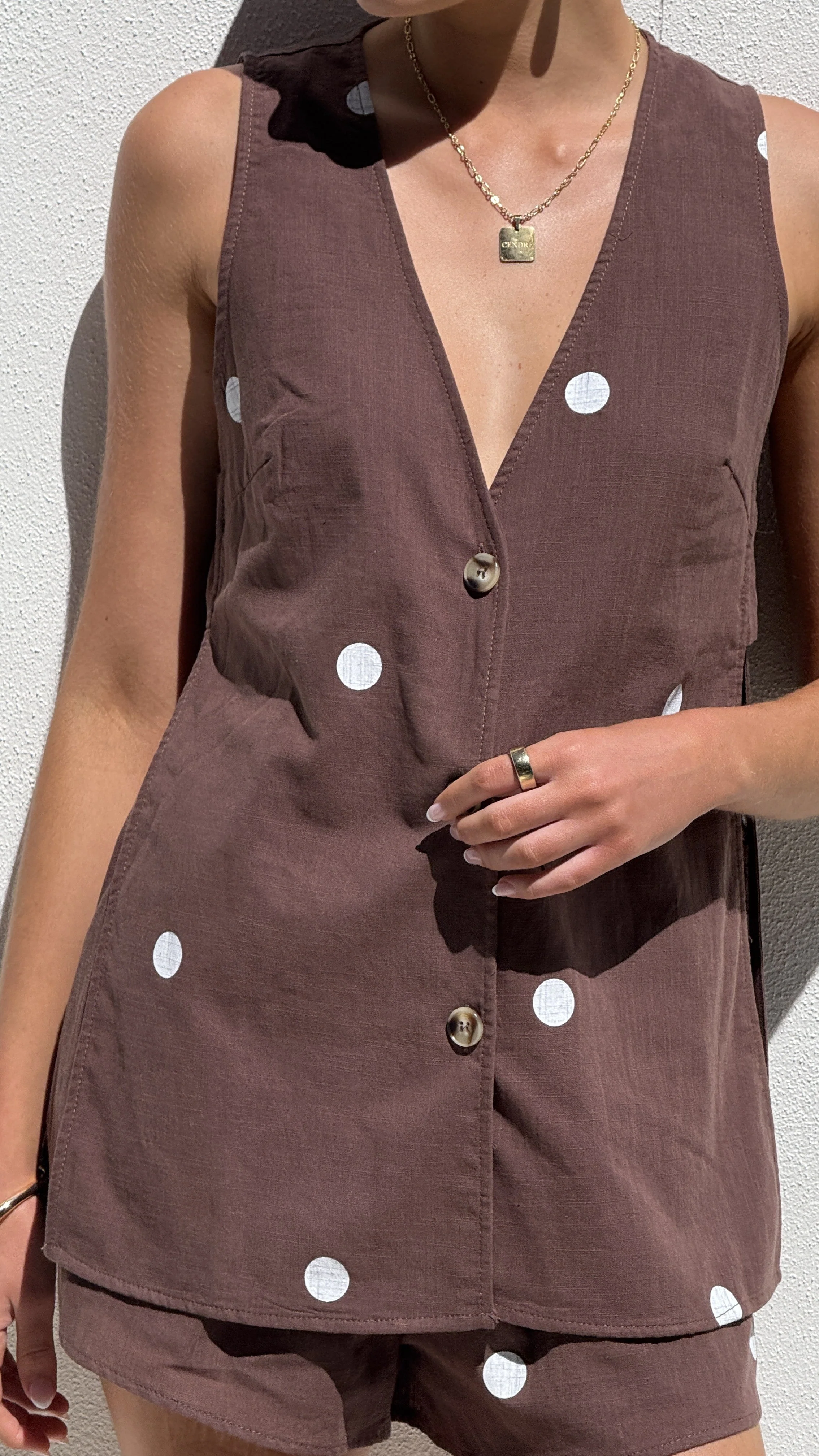 Hayley Vest and Shorts Set - Chocolate / White Polka Dot