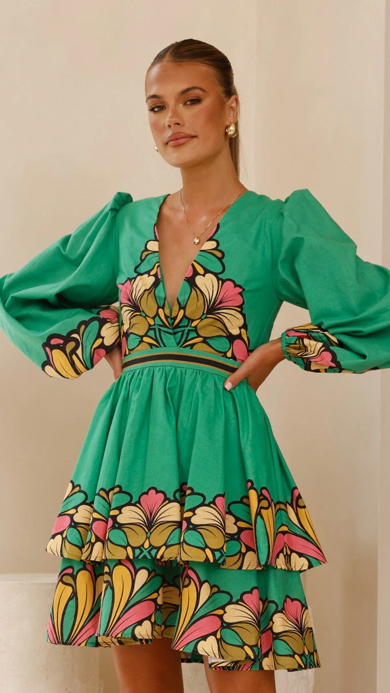 Portugal Long Sleeve Mini Dress - Apple