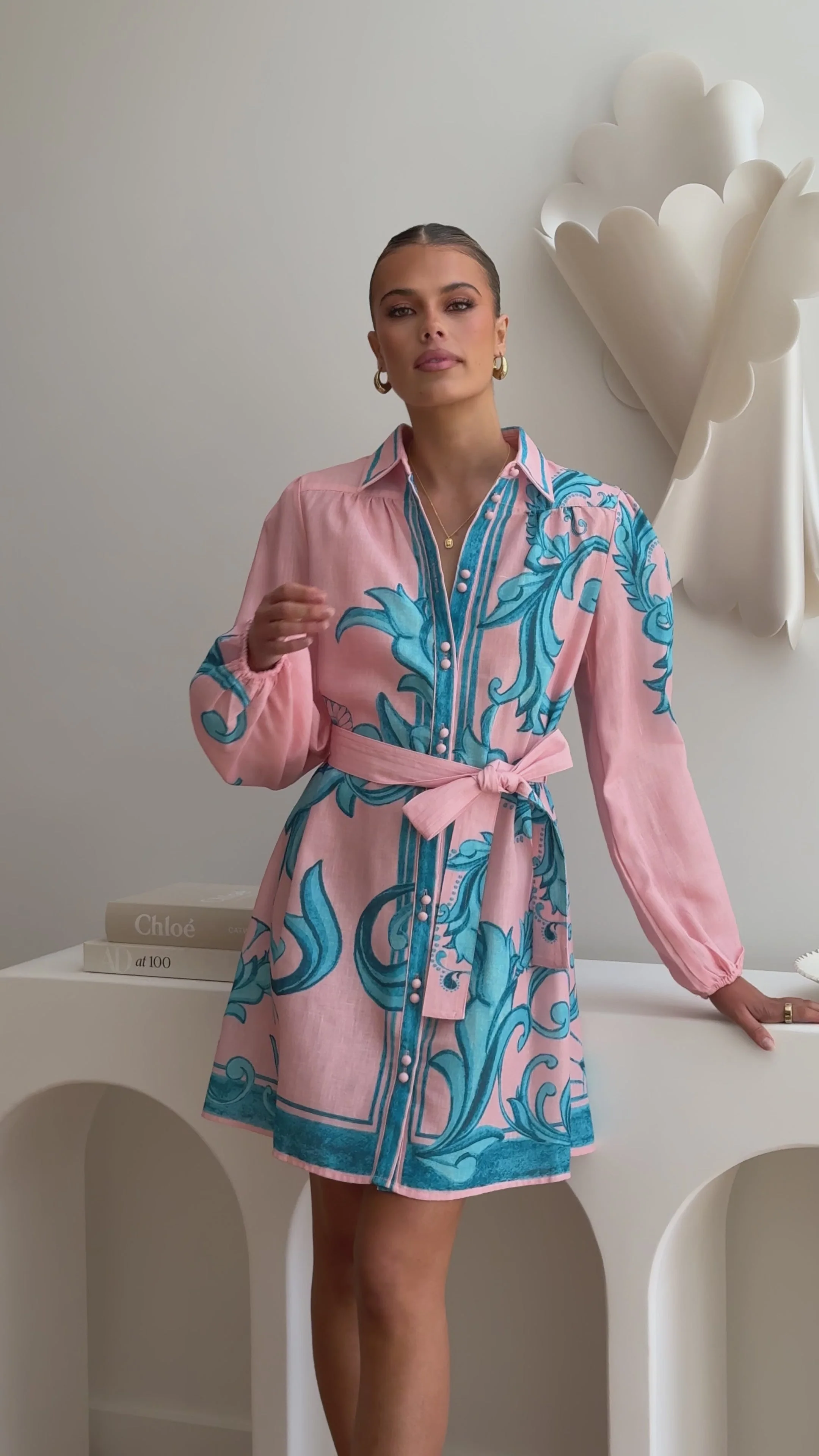 Lucia Long Sleeve Mini Dress - Aqua/Pink Print