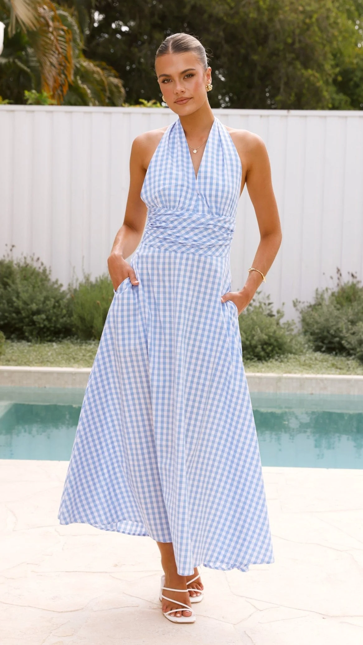 Brydie Halter Maxi Dress - Gingham Light Blue