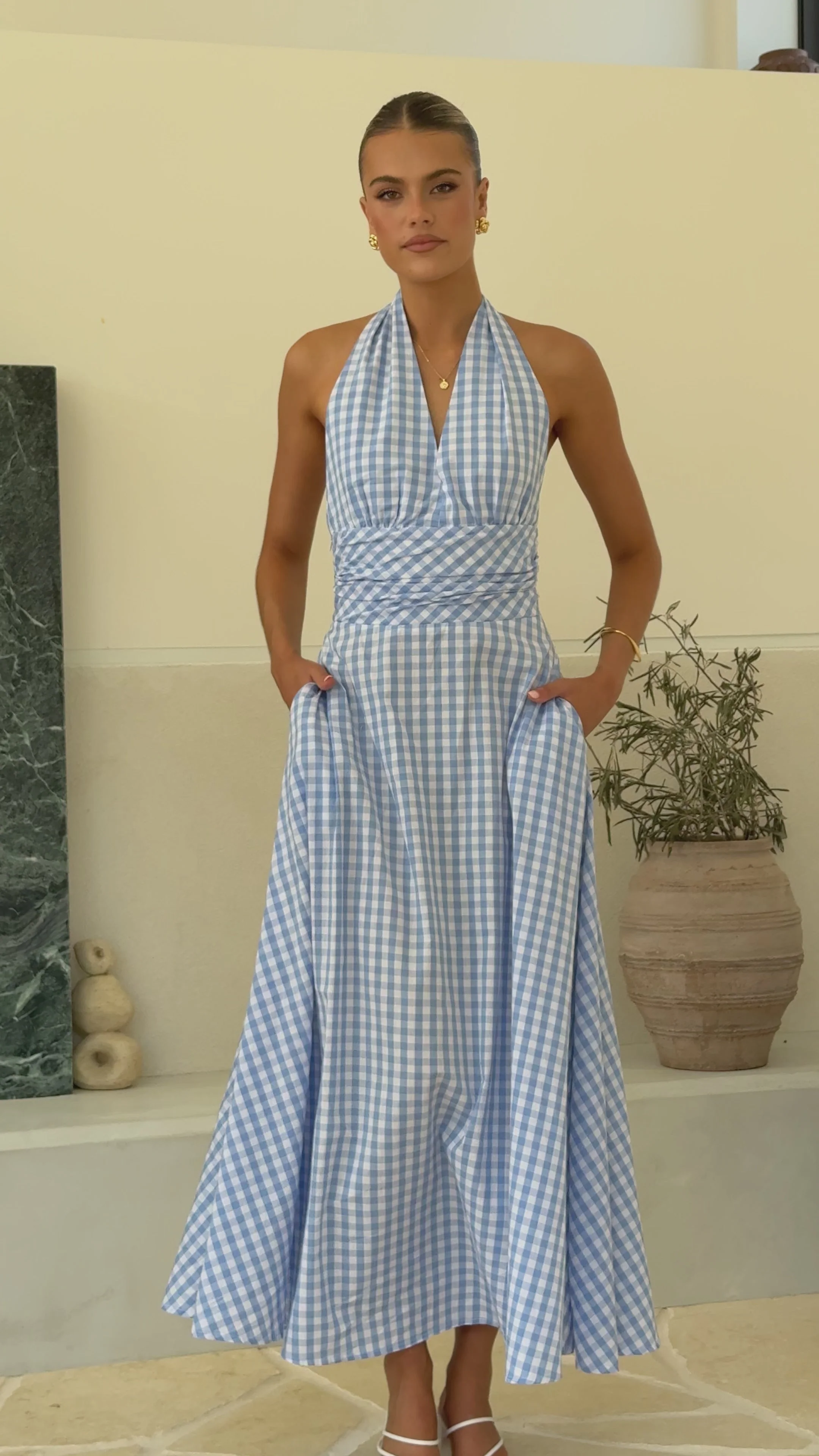 Brydie Halter Maxi Dress - Gingham Light Blue