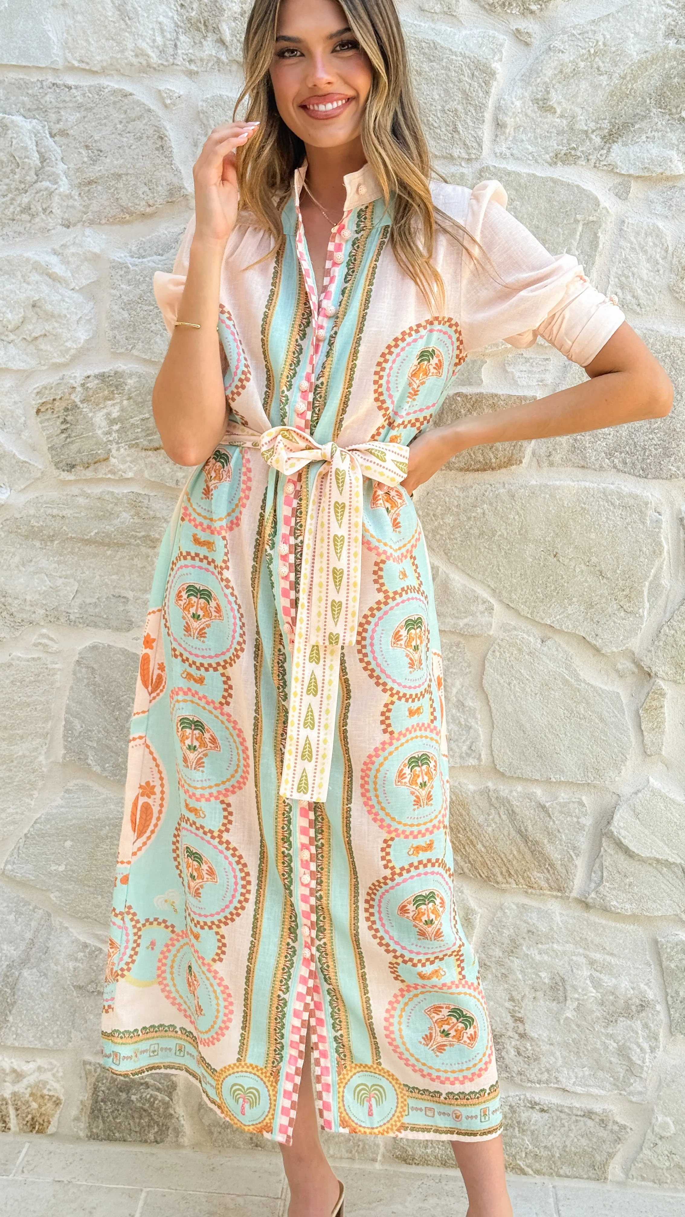 Magnolia Midi Dress - Acacia Palm Cream