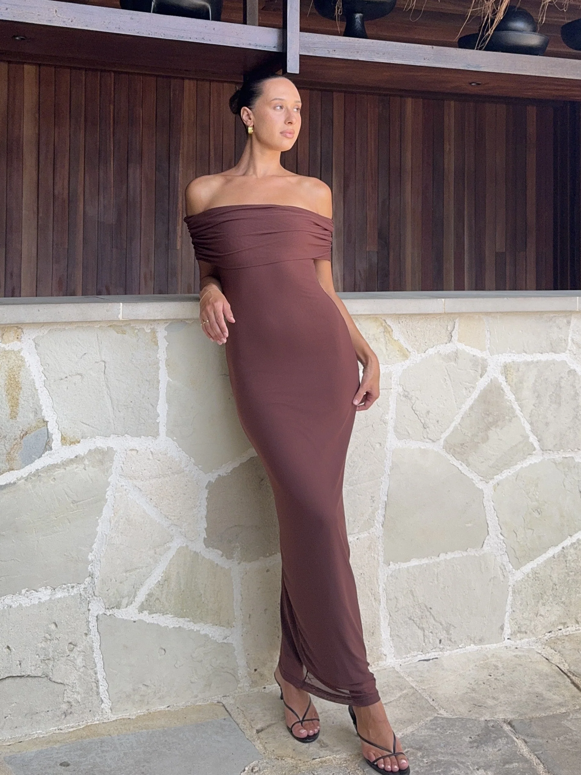 Darcey Off Shoulder Maxi Dress - Brown