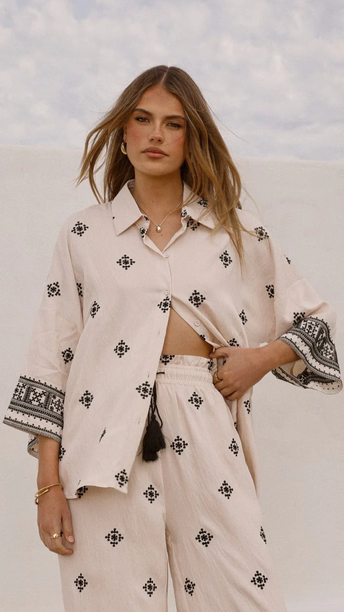 Deni Button Up Shirt - Beige/Black