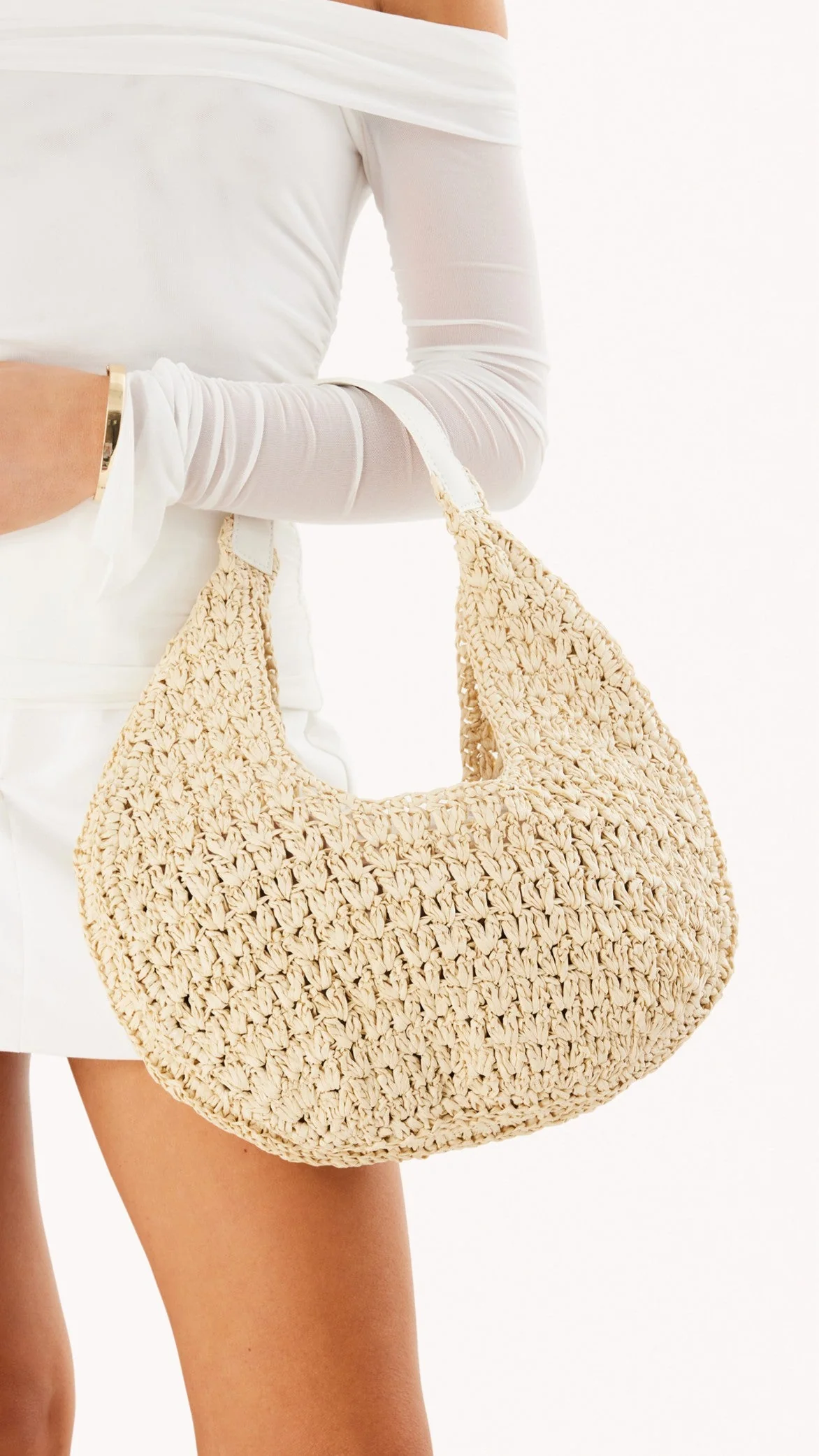 Jasmine Shoulder Bag - Natural Raffia-White