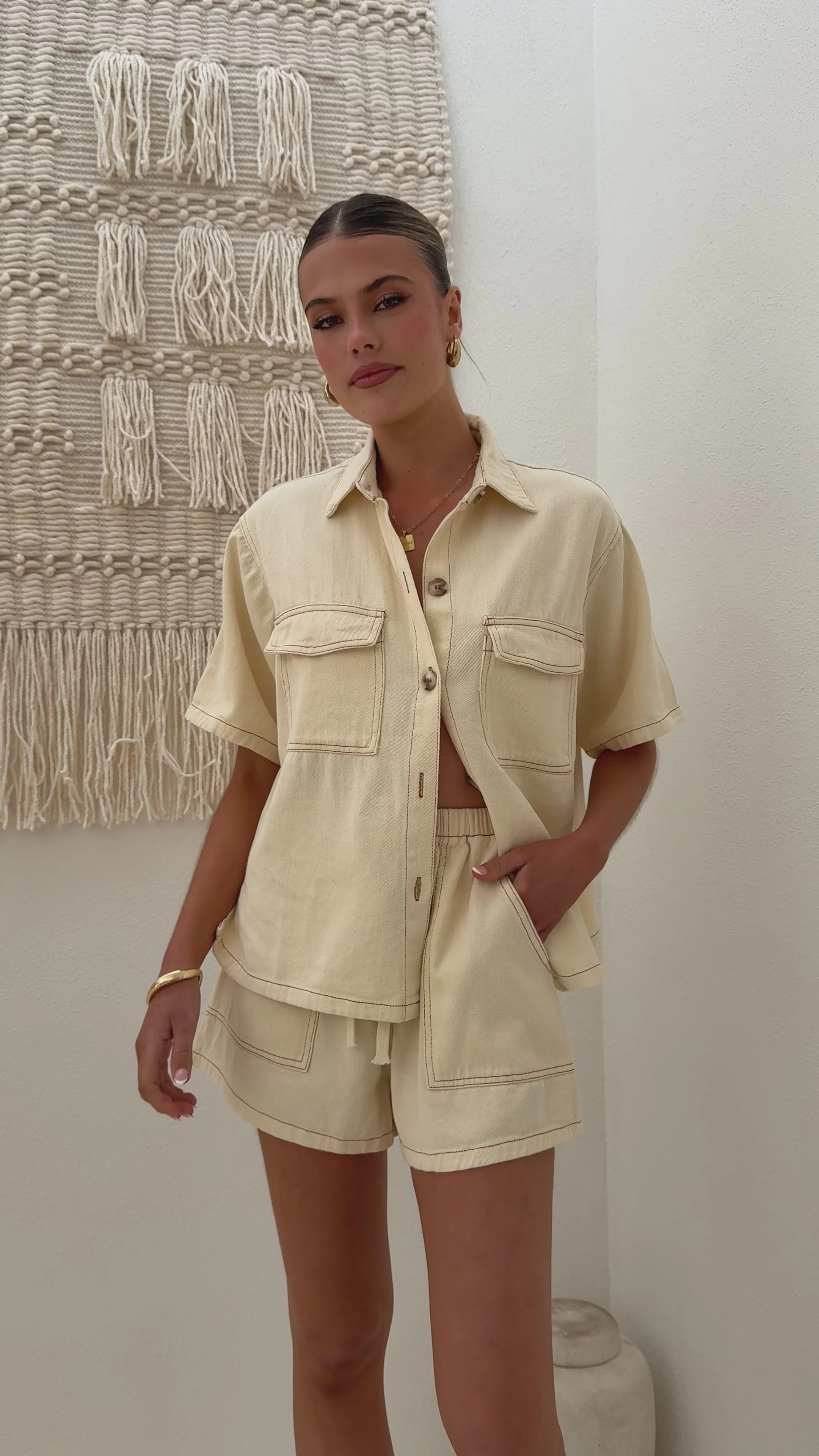 Loretta Button Up Shirt and Shorts Set - Beige / Cream