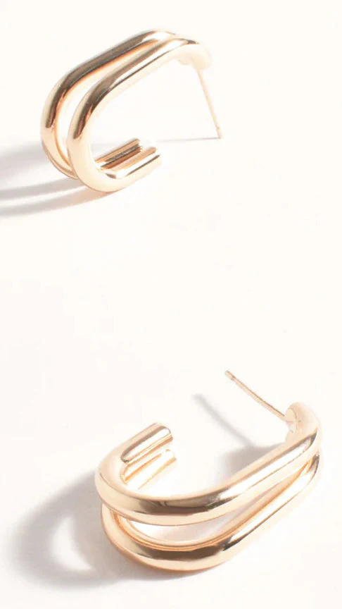 Double Curved Front Stud Earrings - Gold