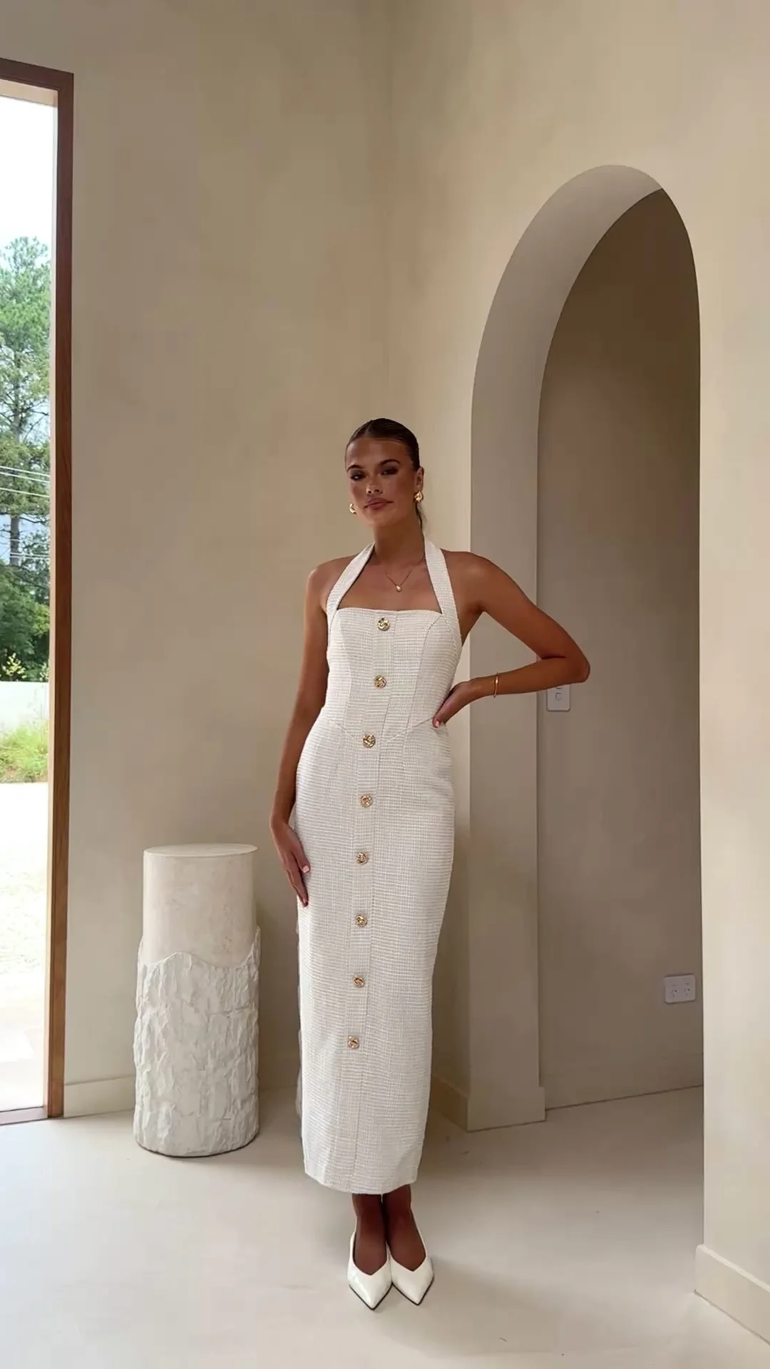 Tierra Button Midi Dress - White