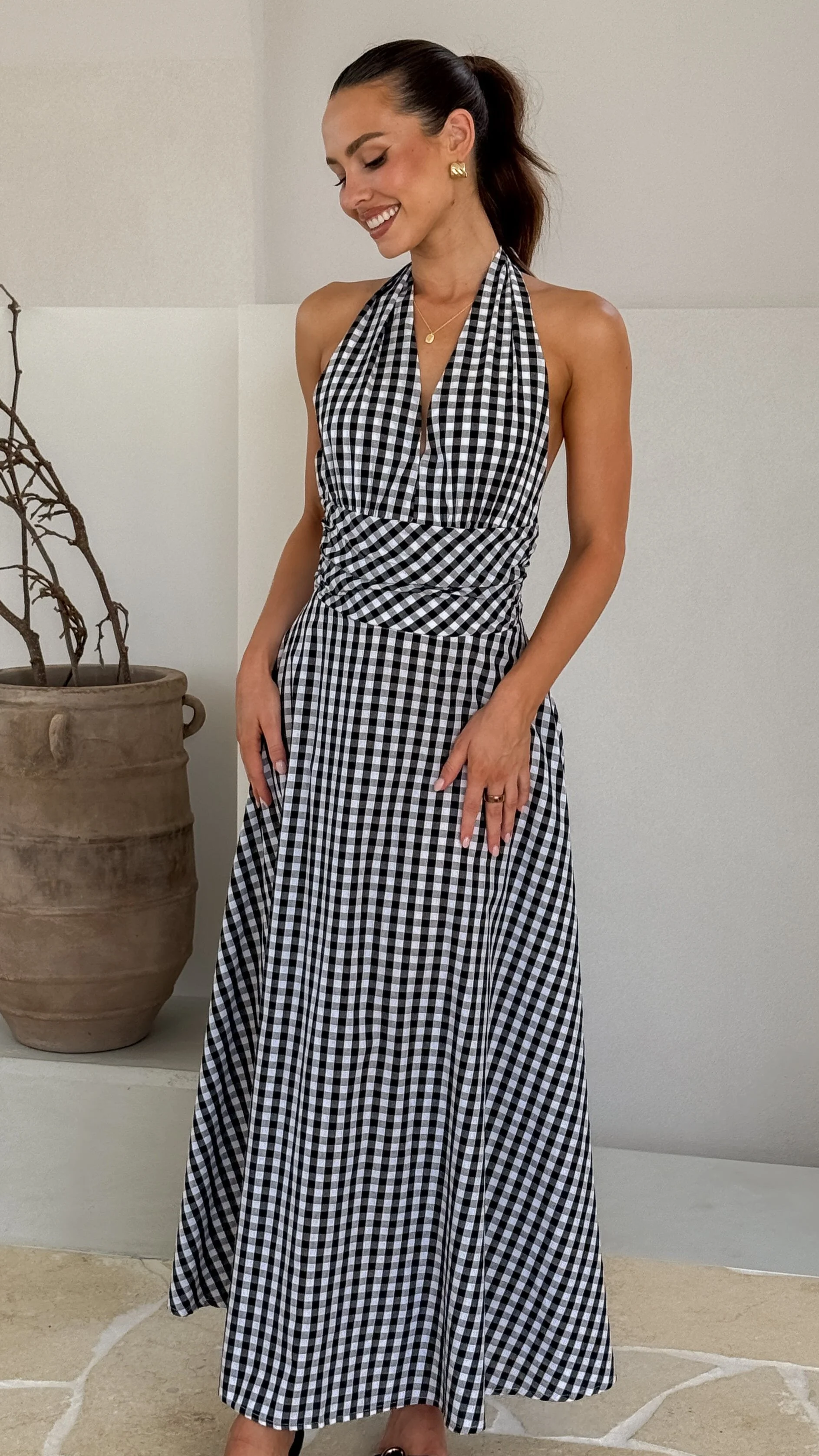 Brydie Halter Maxi Dress - Gingham Black