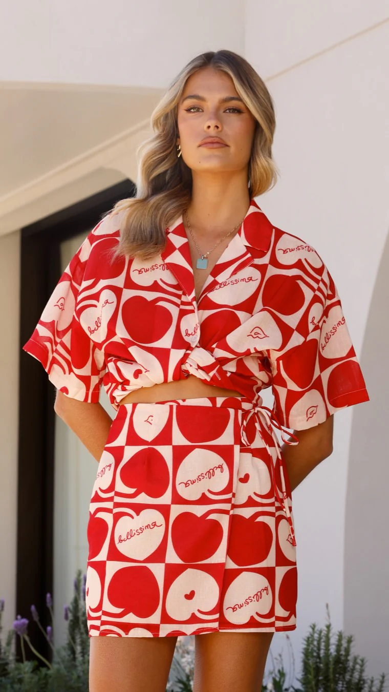 Abilene Wrap Mini Skirt - Red / White